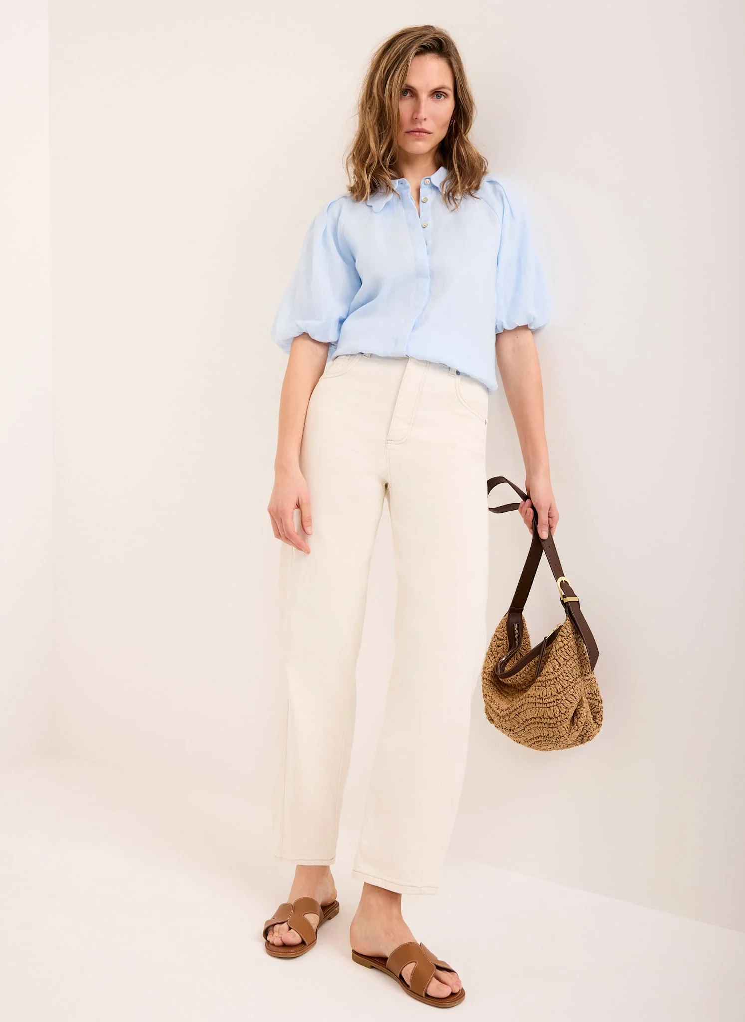 Blue Ramie Scallop Puff Sleeve Shirt
