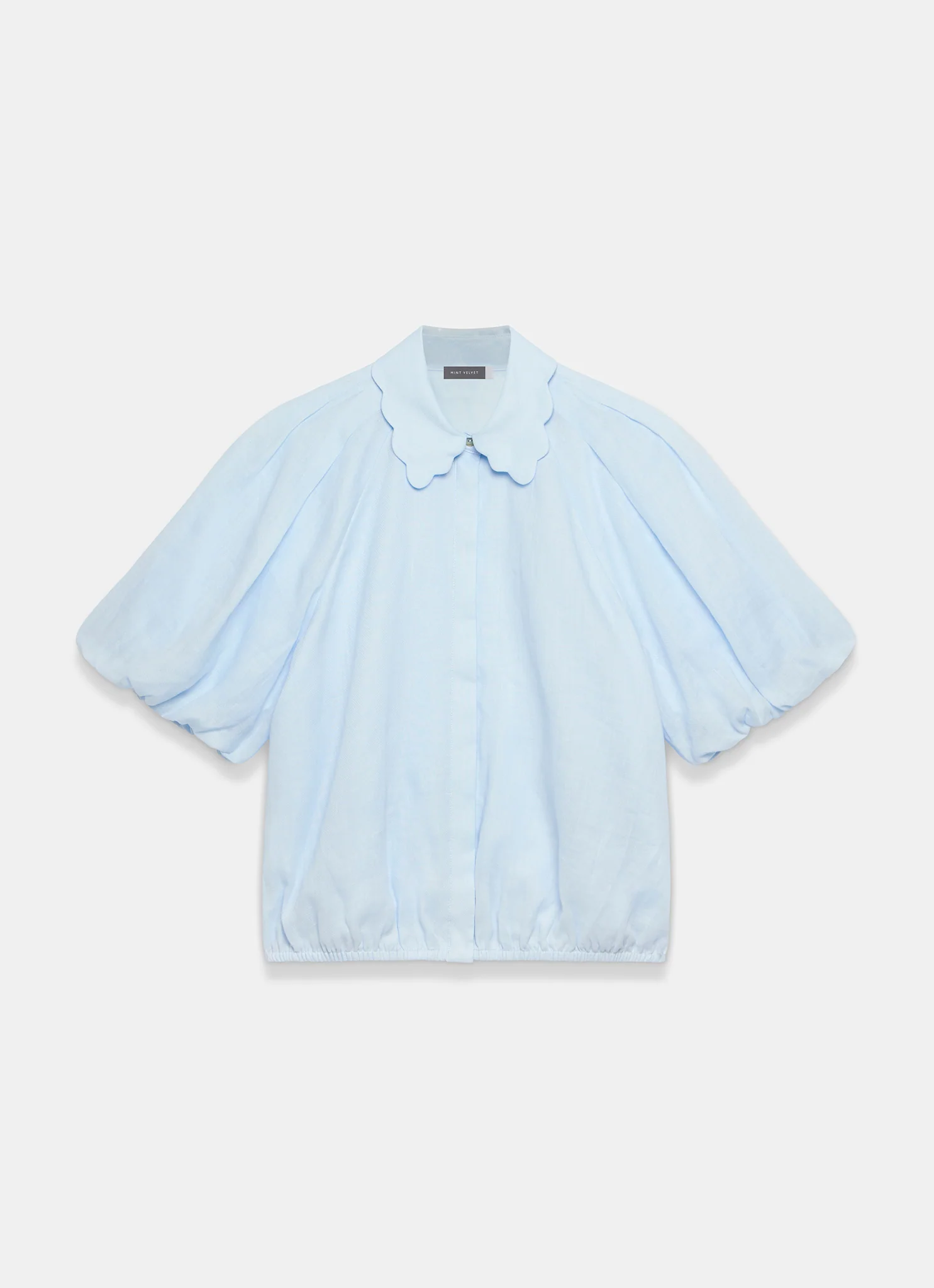 Blue Ramie Scallop Puff Sleeve Shirt
