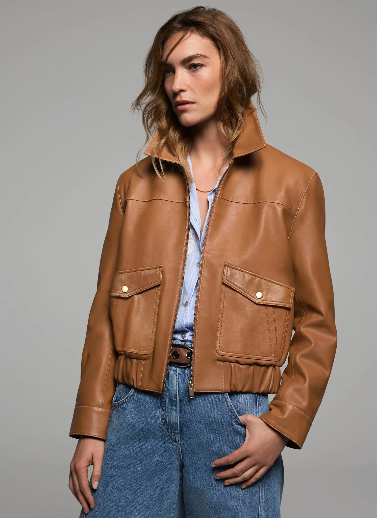 6734-tan-leather-collared-bomber-jacket-1.webp Tan Leather Collared Bomber Jacket