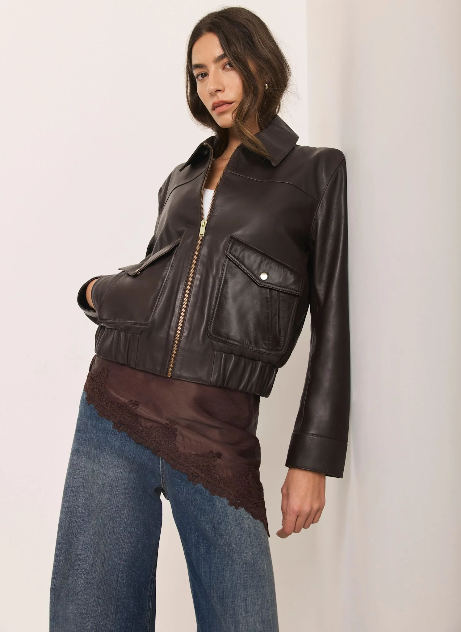 Brown Leather Collared Bomber Jacket