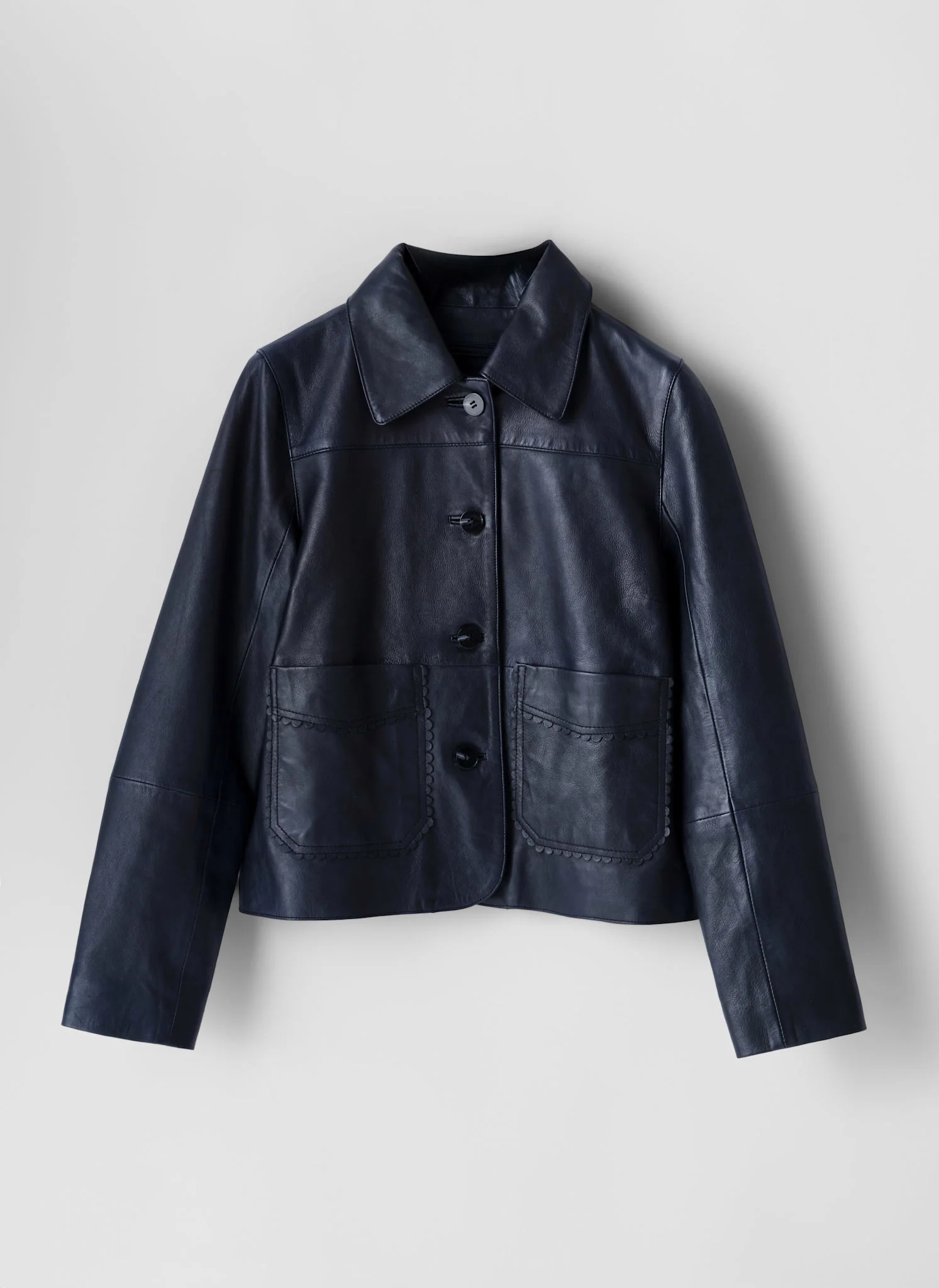 Navy Leather Scallop Detail Jacket