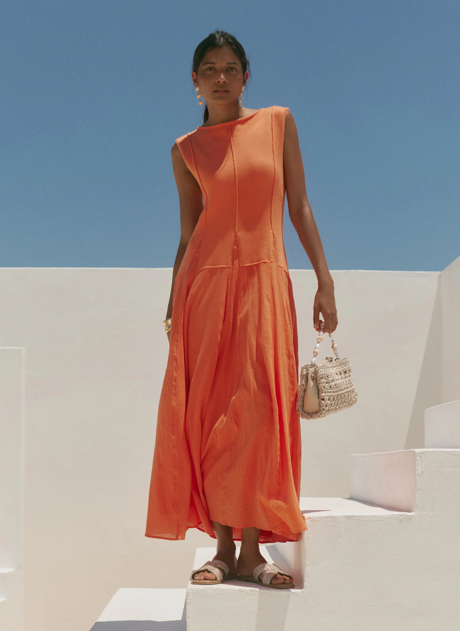 6776-orange-cotton-blend-drop-waist-maxi-dress-4.webp Orange Cotton Blend Drop Waist Maxi Dress