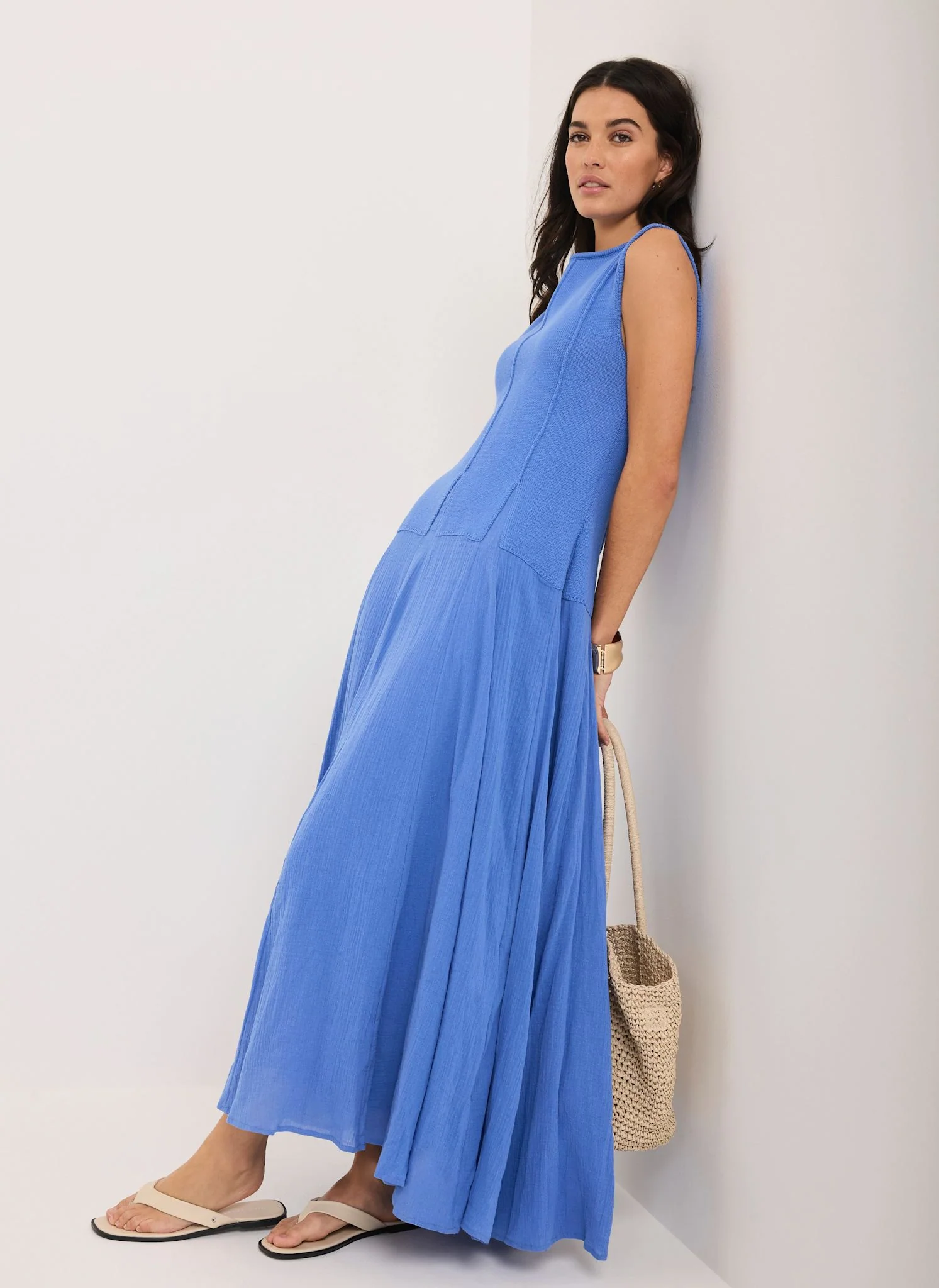 6782-blue-cotton-blend-drop-waist-maxi-dress-1.webp Blue Cotton Blend Drop Waist Maxi Dress