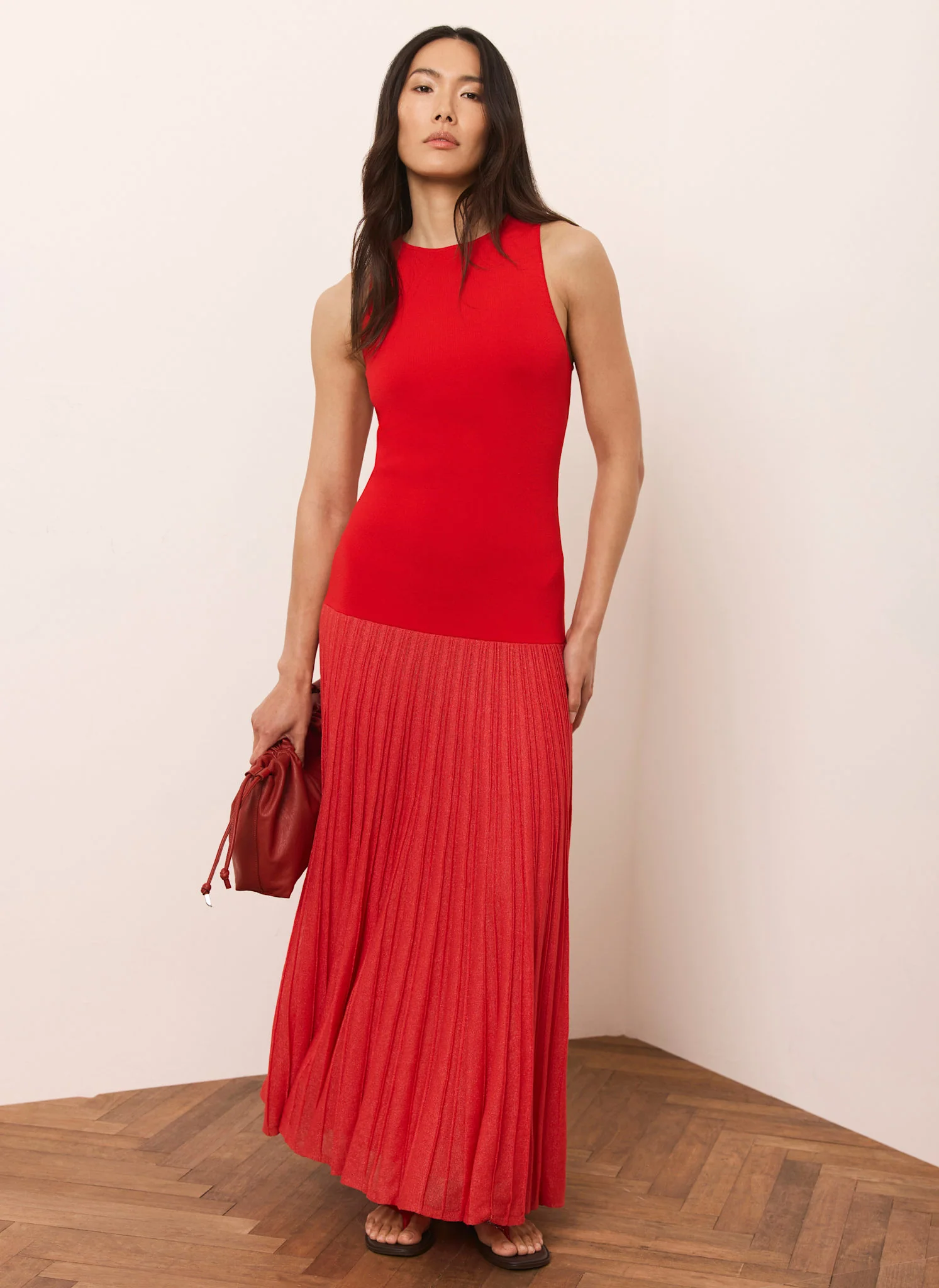 Red Knit Pleated Maxi Dress