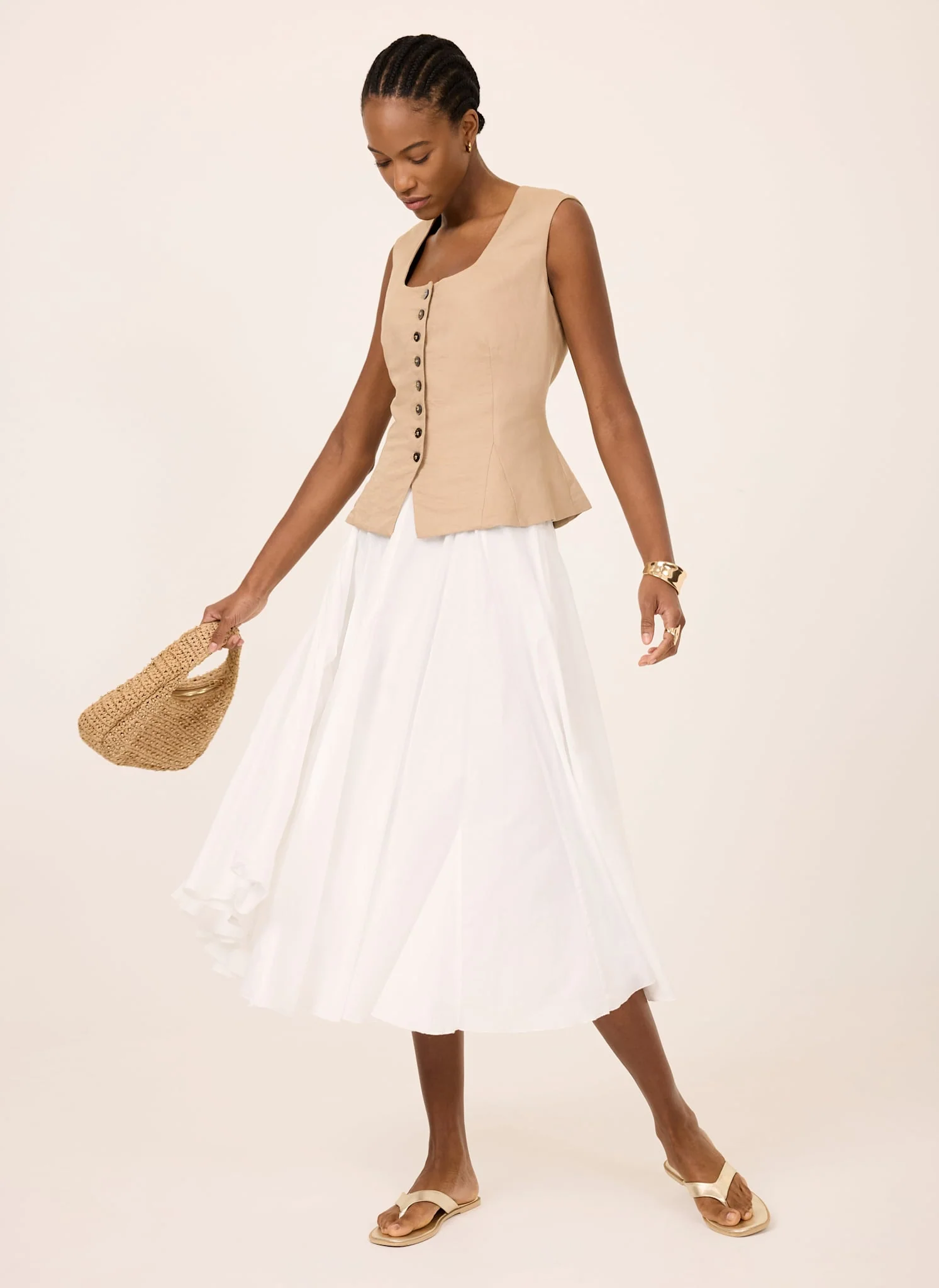 White Cotton Full Midi Skirt