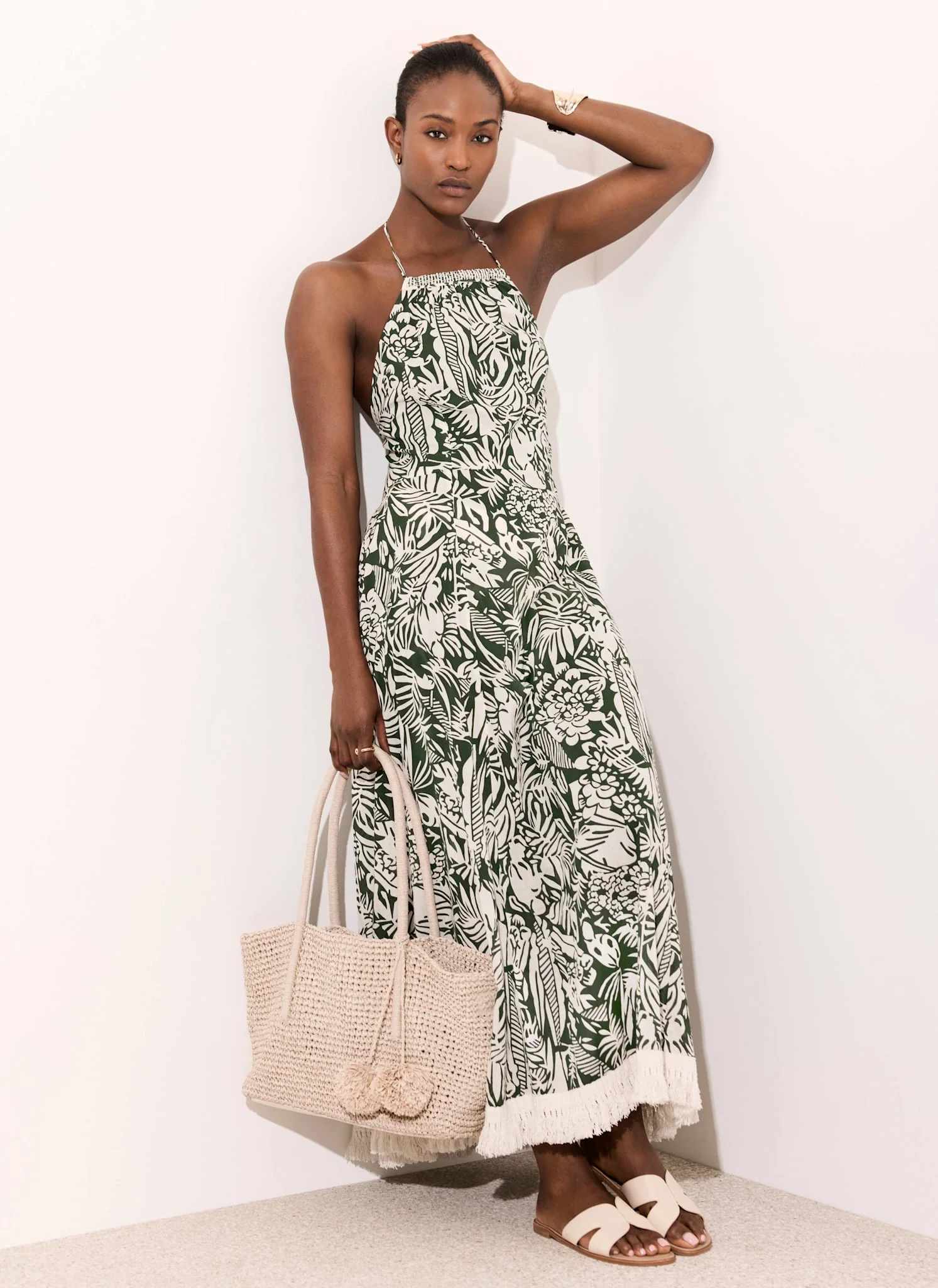 Green Printed Cotton Halterneck Maxi Dress