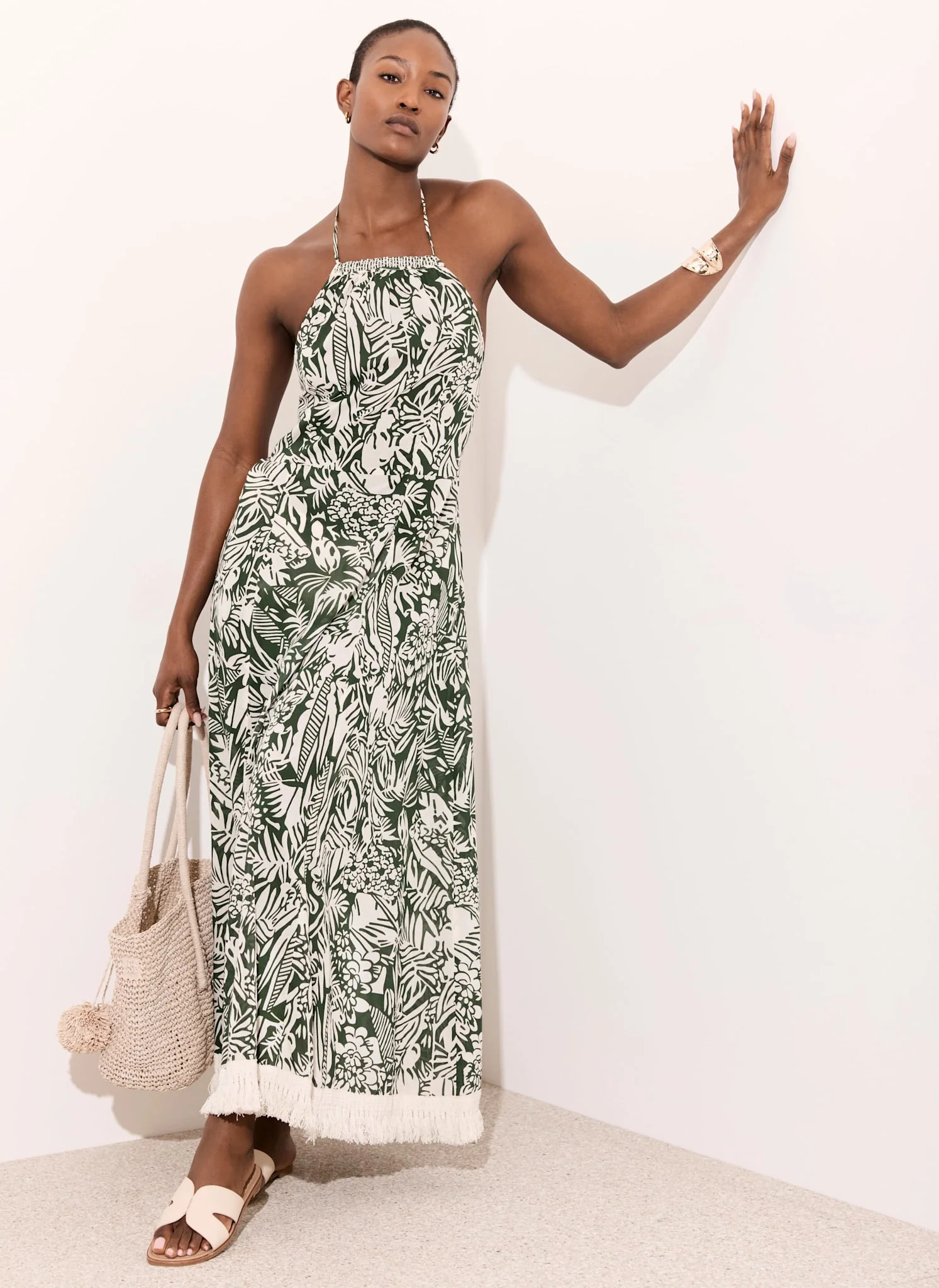 Green Printed Cotton Halterneck Maxi Dress