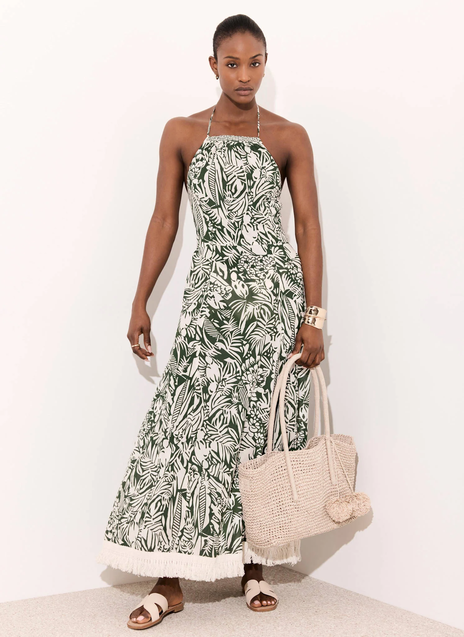 Green Printed Cotton Halterneck Maxi Dress