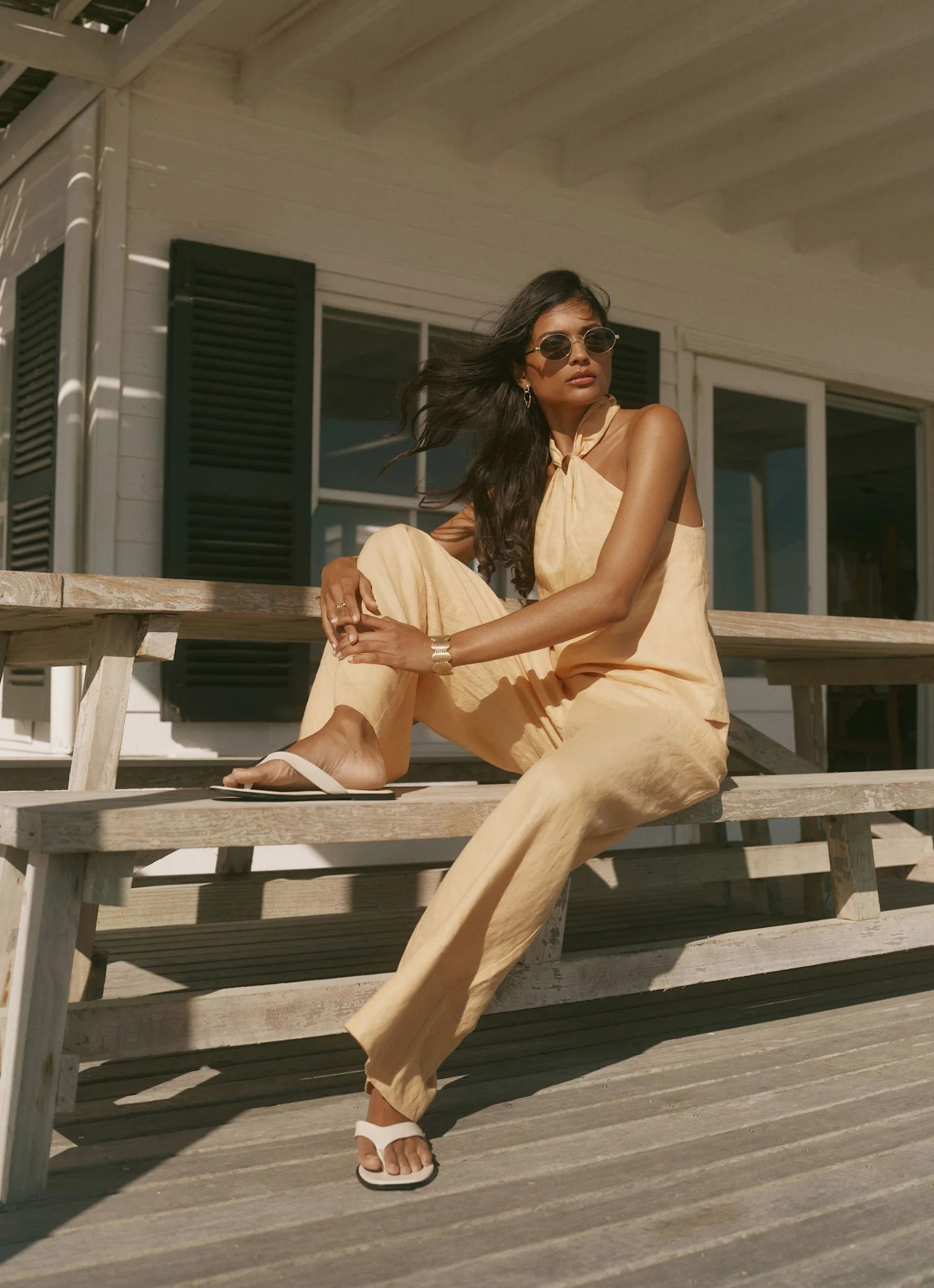 Yellow Linen Drawstring Wide Leg Trousers