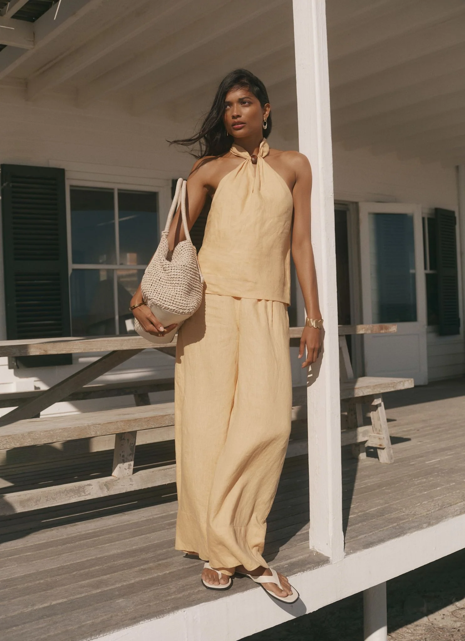 Yellow Linen Drawstring Wide Leg Trousers