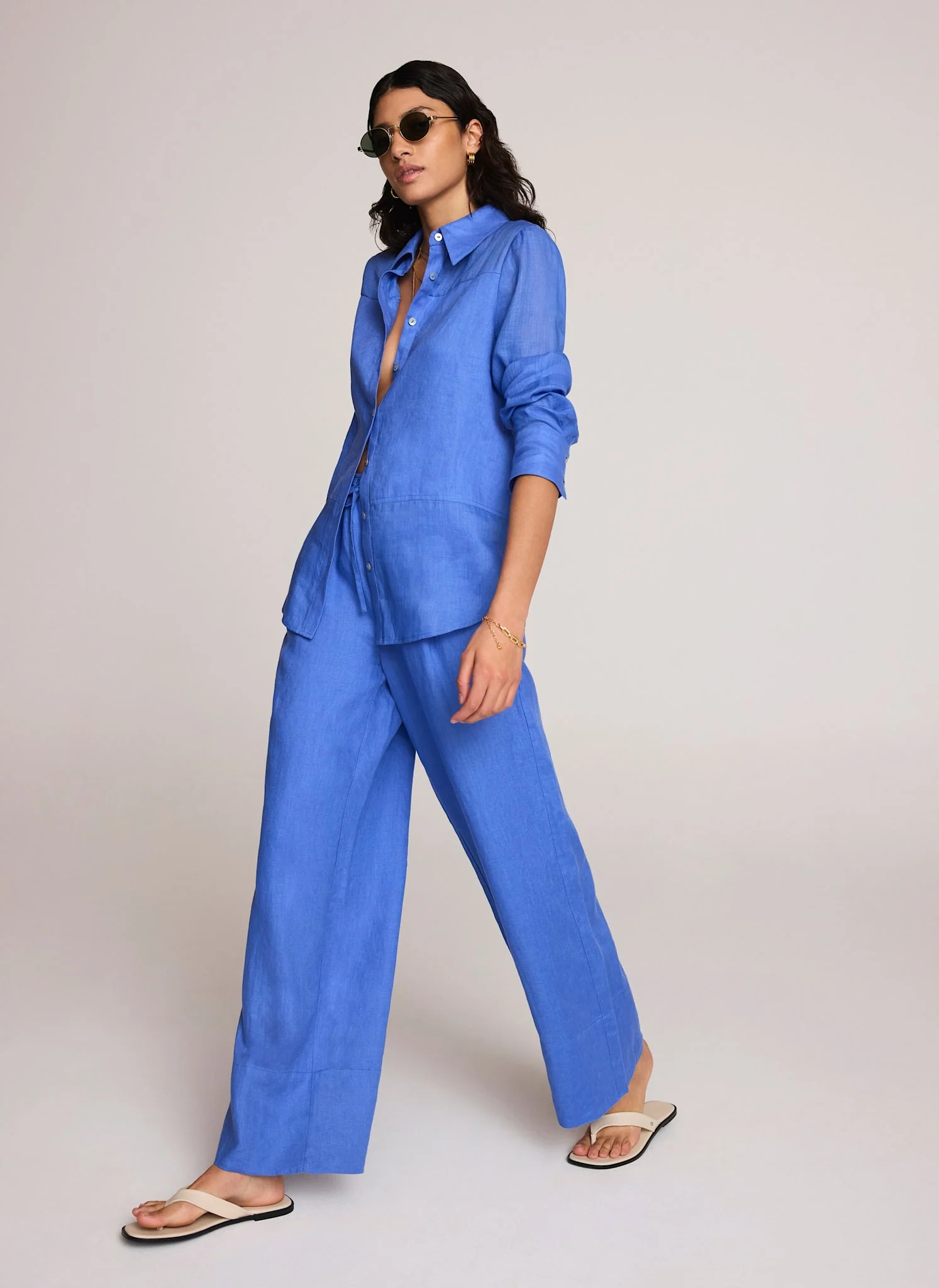 Blue Linen Drawstring Wide Leg Trousers