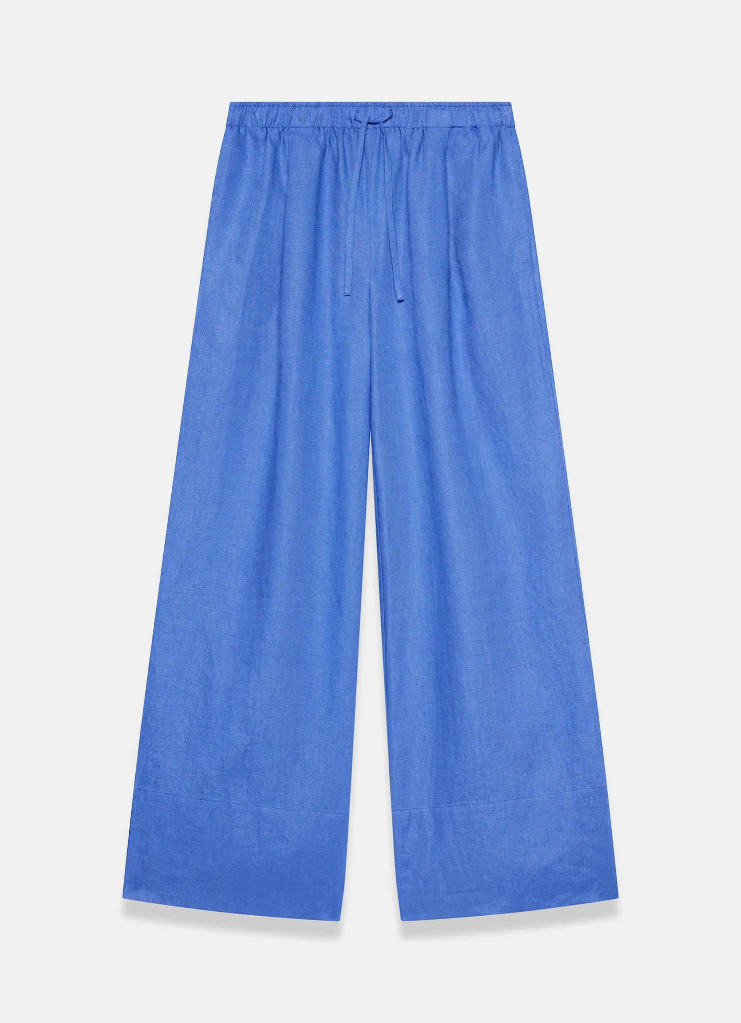 Blue Linen Drawstring Wide Leg Trousers