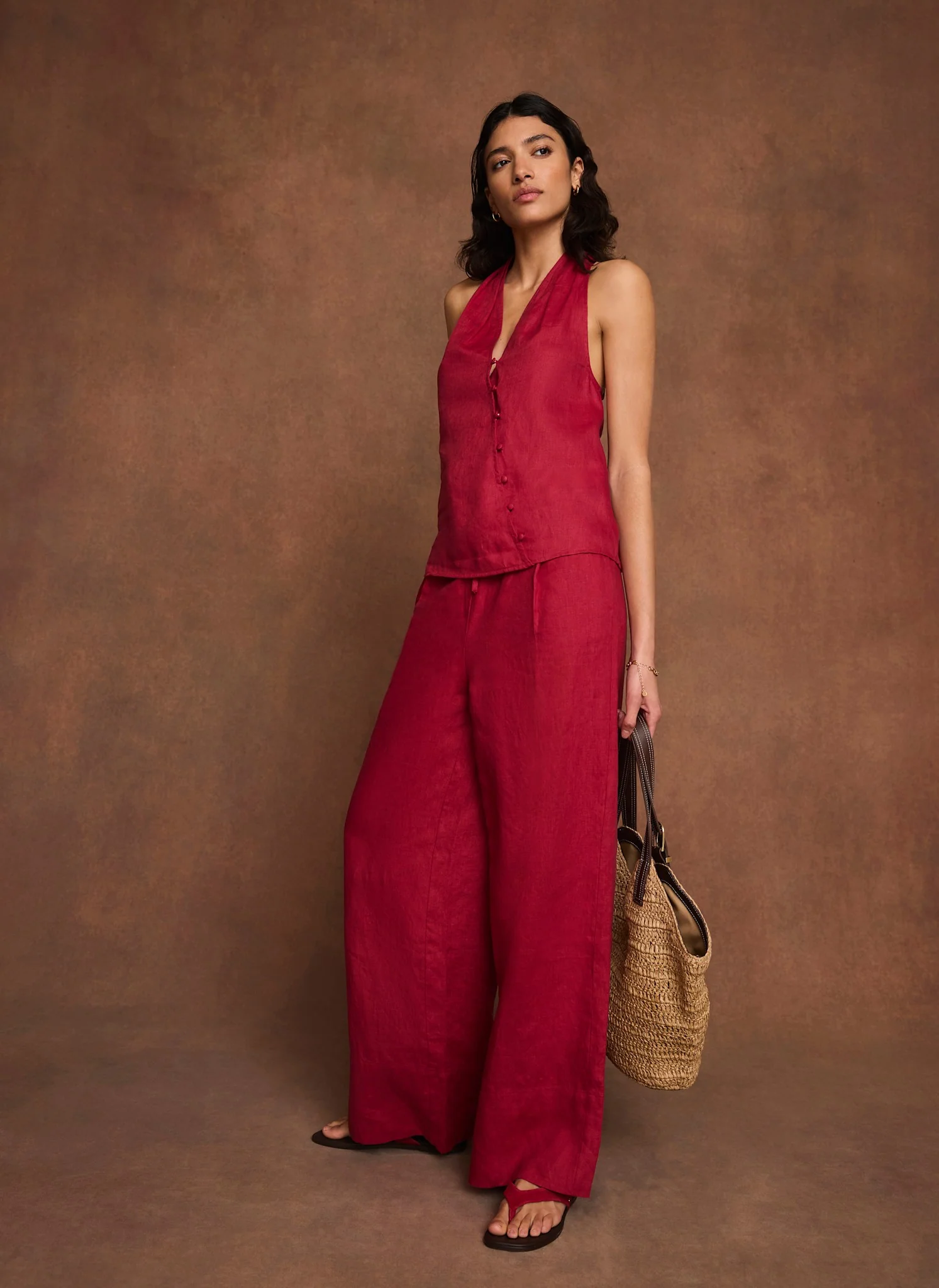 6936-red-linen-drawstring-wide-leg-trousers-2.webp Red Linen Drawstring Wide Leg Trousers