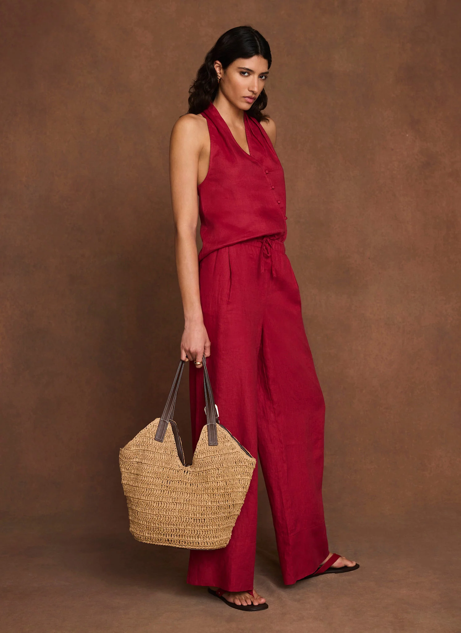 6936-red-linen-drawstring-wide-leg-trousers-4.webp Red Linen Drawstring Wide Leg Trousers