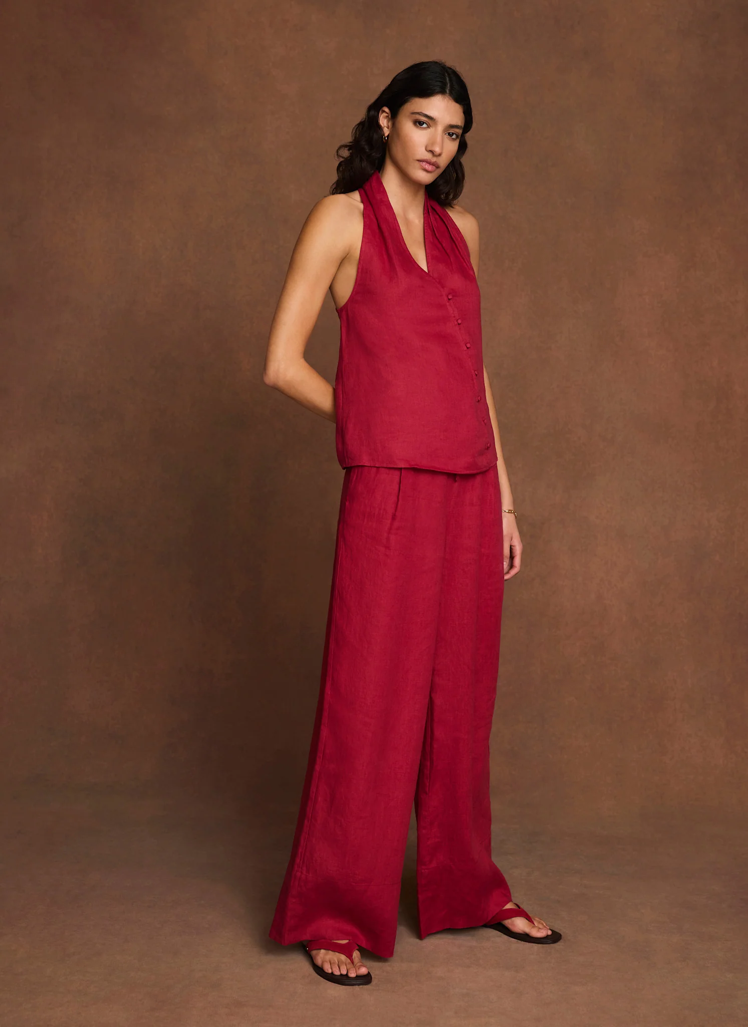 6936-red-linen-drawstring-wide-leg-trousers-5.webp Red Linen Drawstring Wide Leg Trousers
