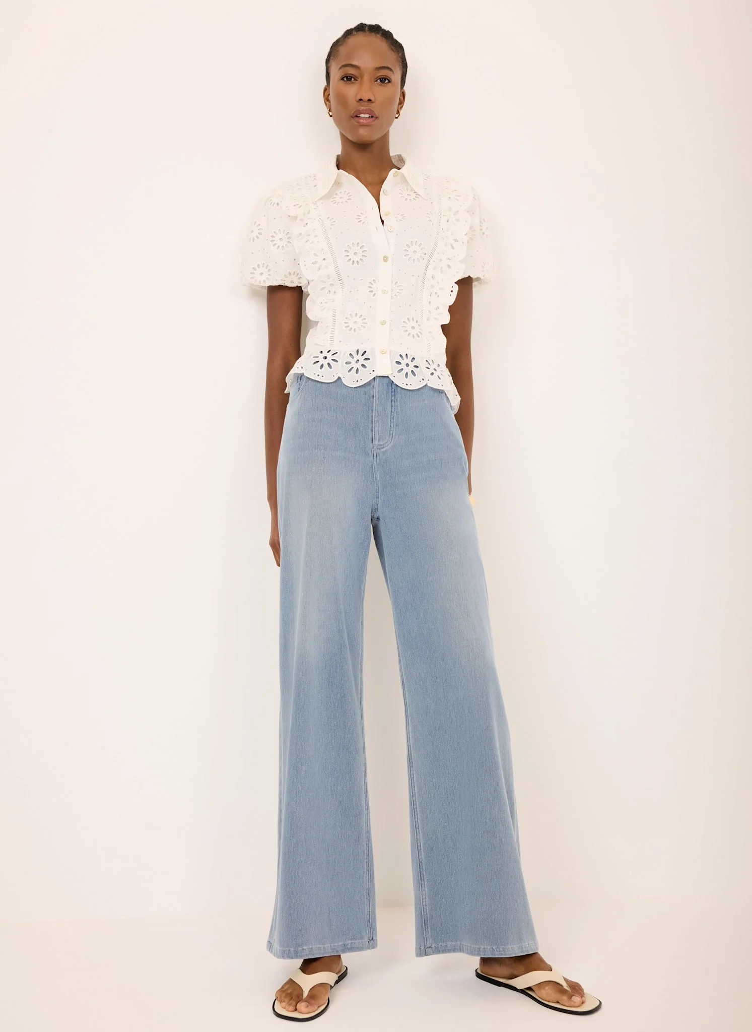 Mid Indigo Stretch Denim Wide Leg Travel Jeans