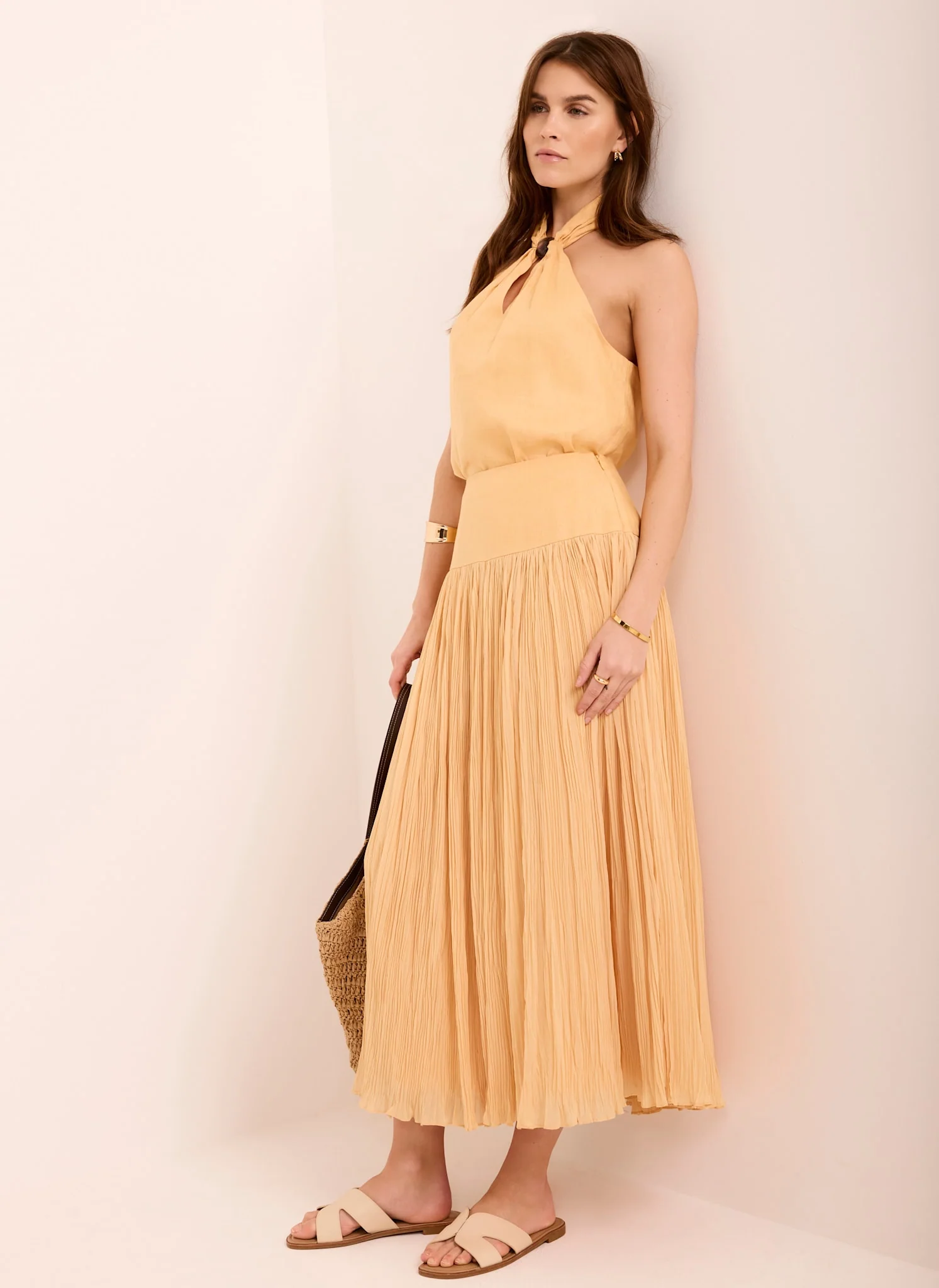 Yellow Drop Waist Crinkle Midi Skirt