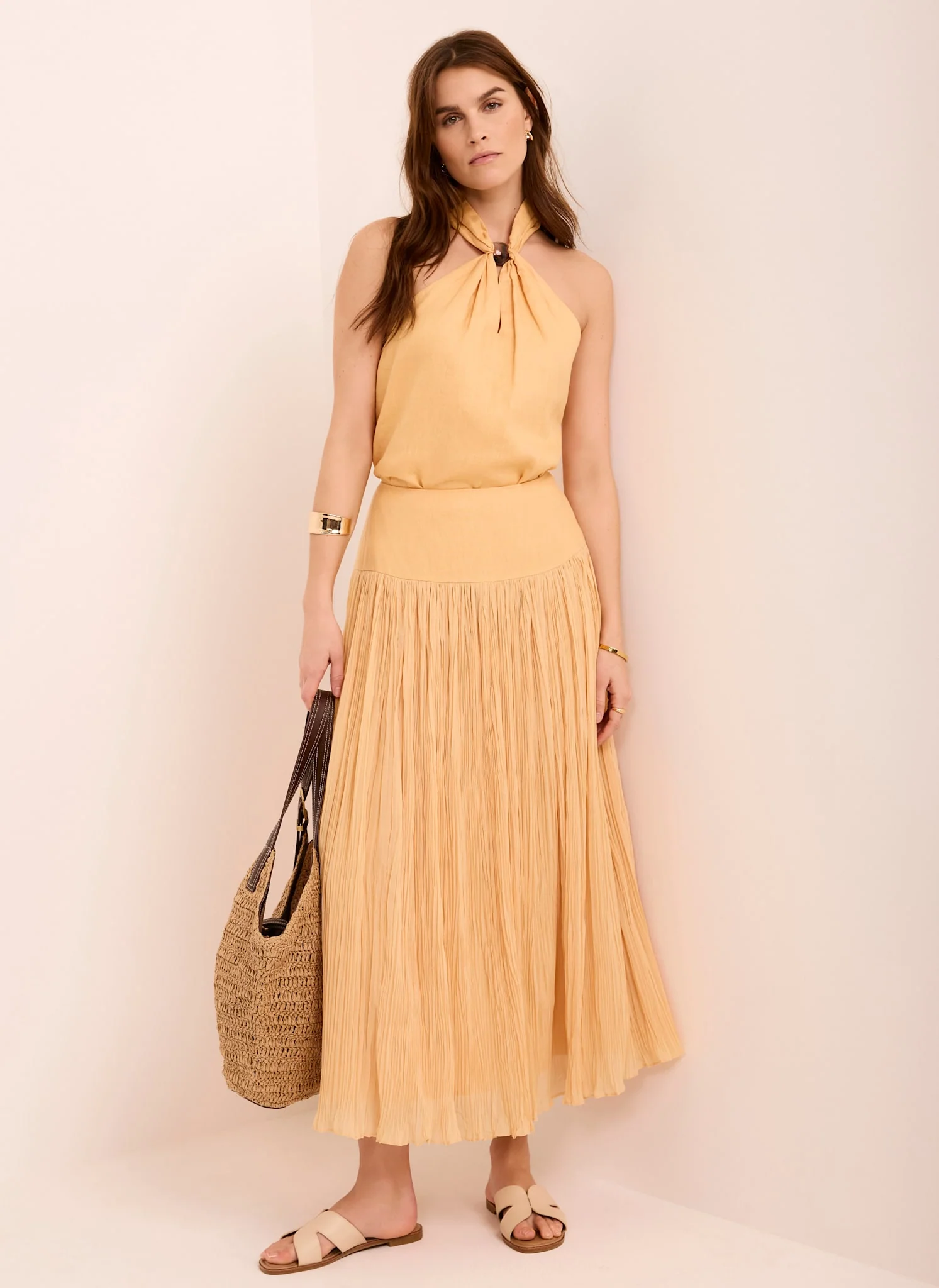 Yellow Drop Waist Crinkle Midi Skirt