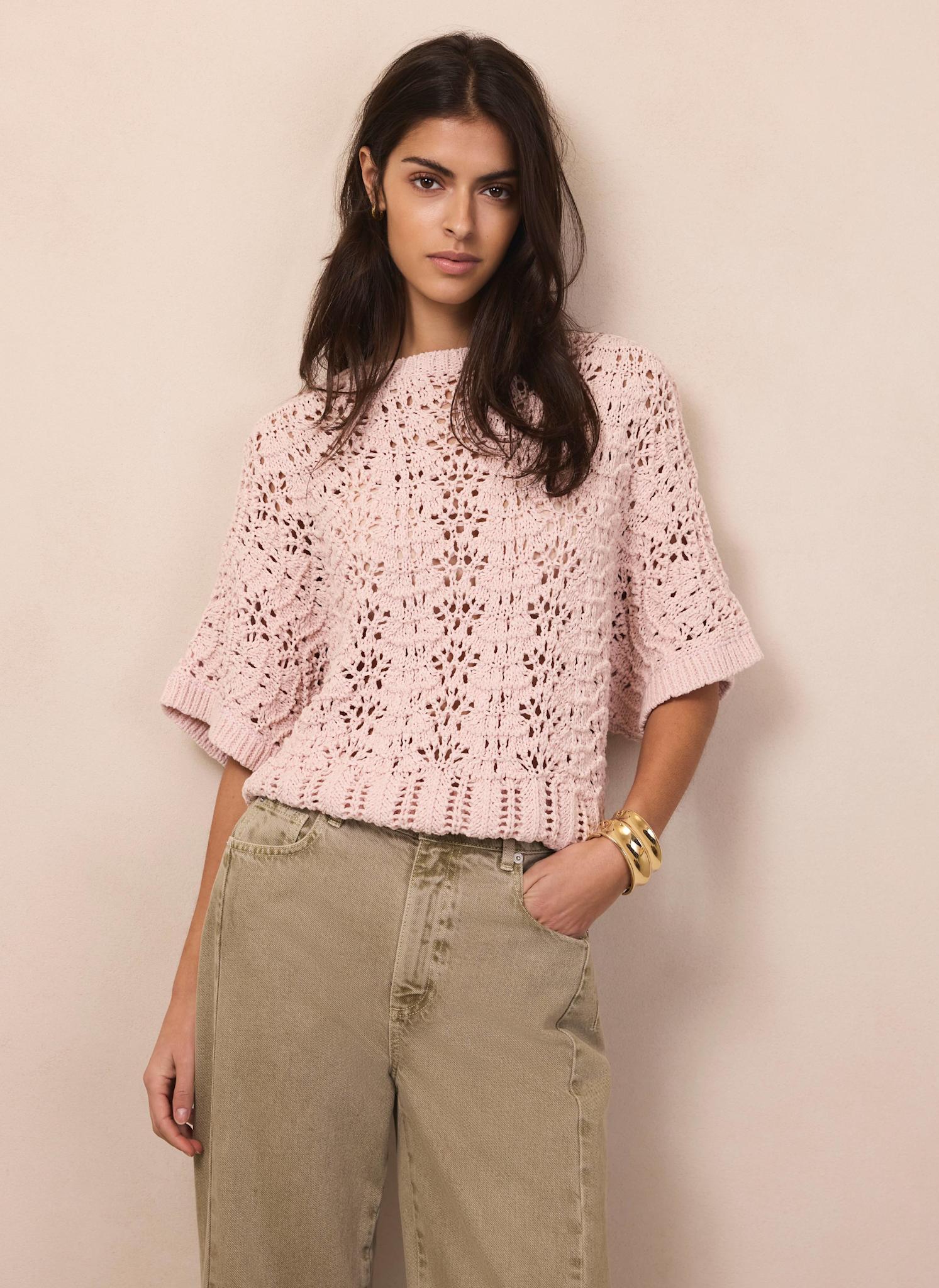 7076-pink-open-stitch-batwing-top-1.jpg Pink Open Stitch Batwing Top