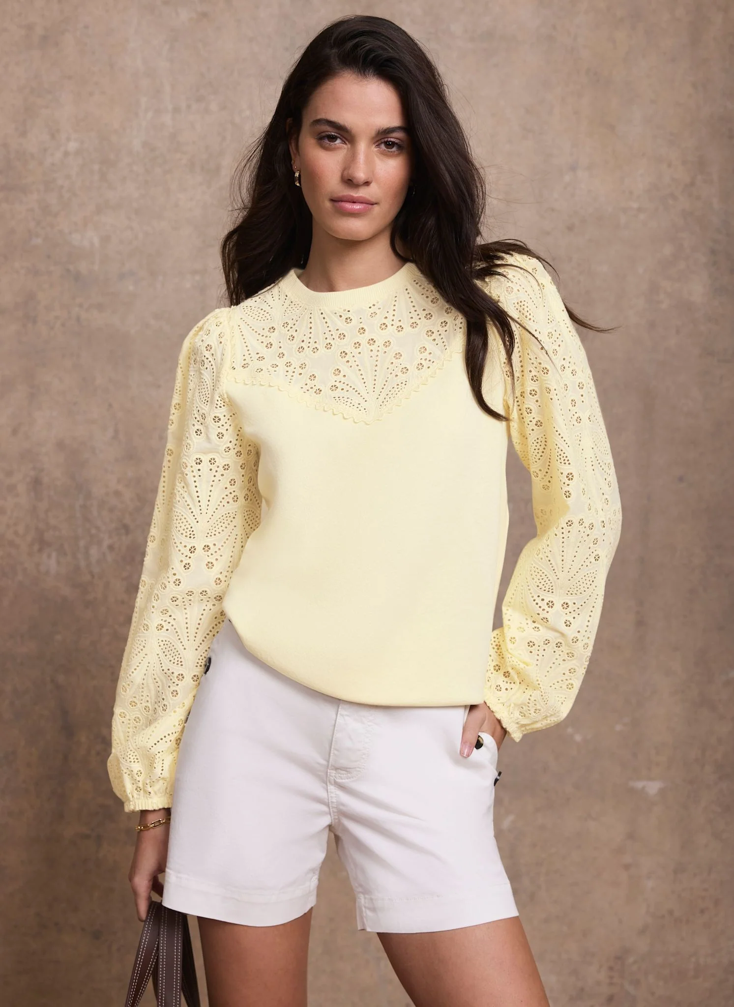 Yellow Cotton Blend Broderie Sweatshirt