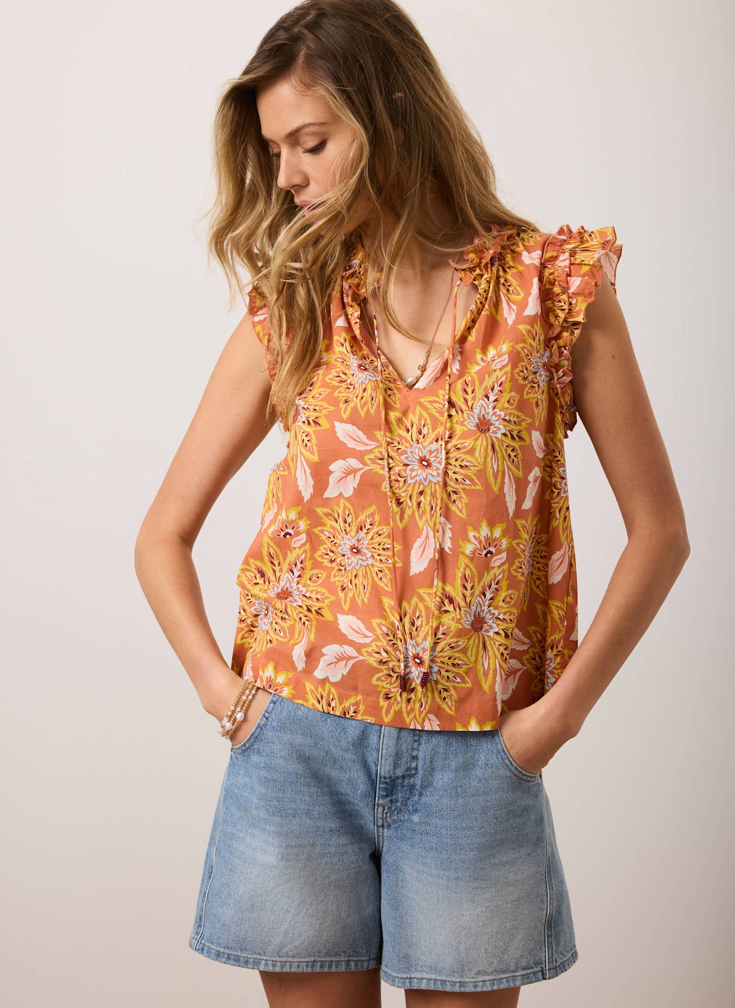 Orange Cotton Floral Print Top