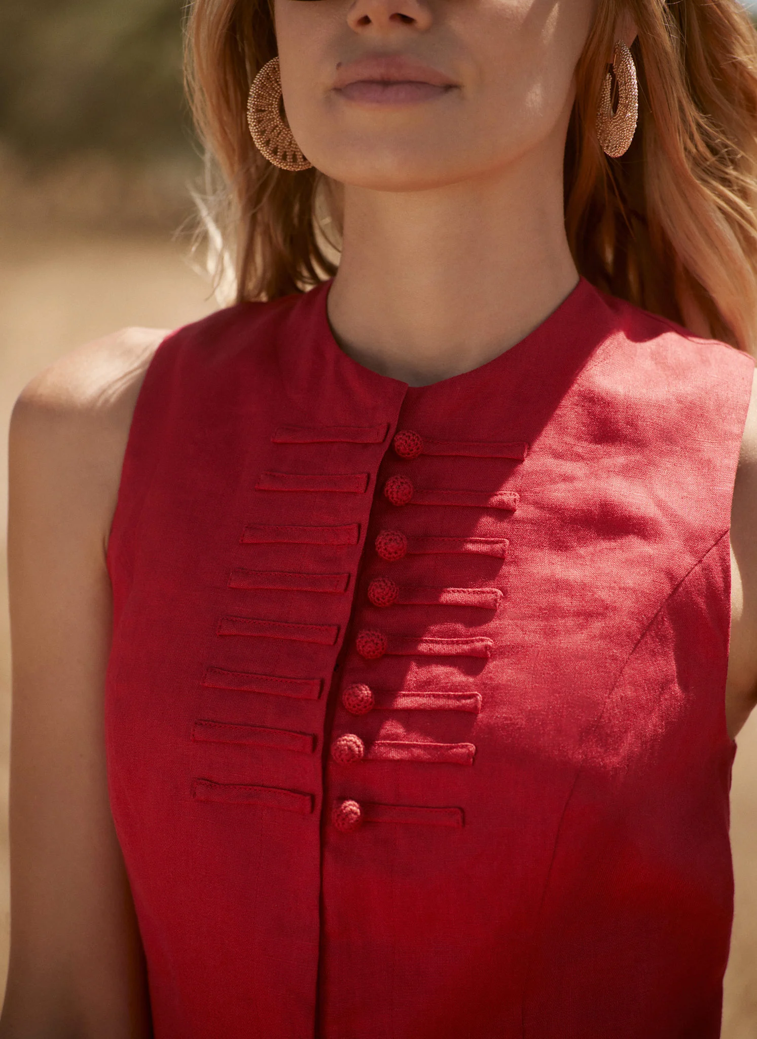 Red Linen Military Trim Top