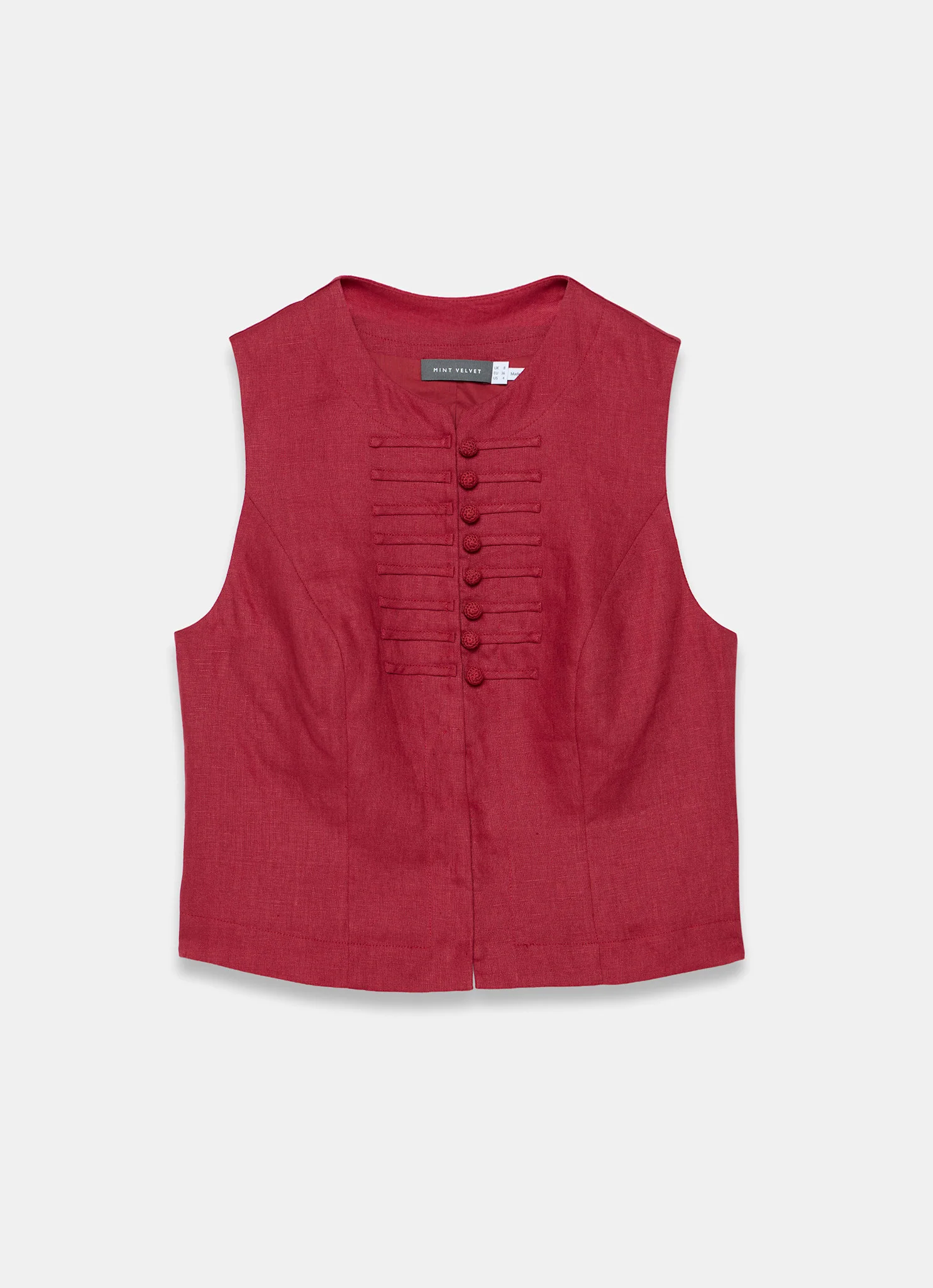 Red Linen Military Trim Top