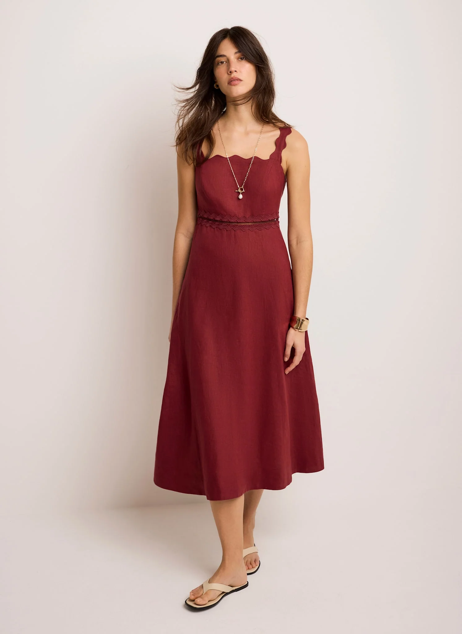 7256-burgundy-linen-scallop-trim-midi-dress-1.webp Burgundy Linen Scallop Trim Midi Dress