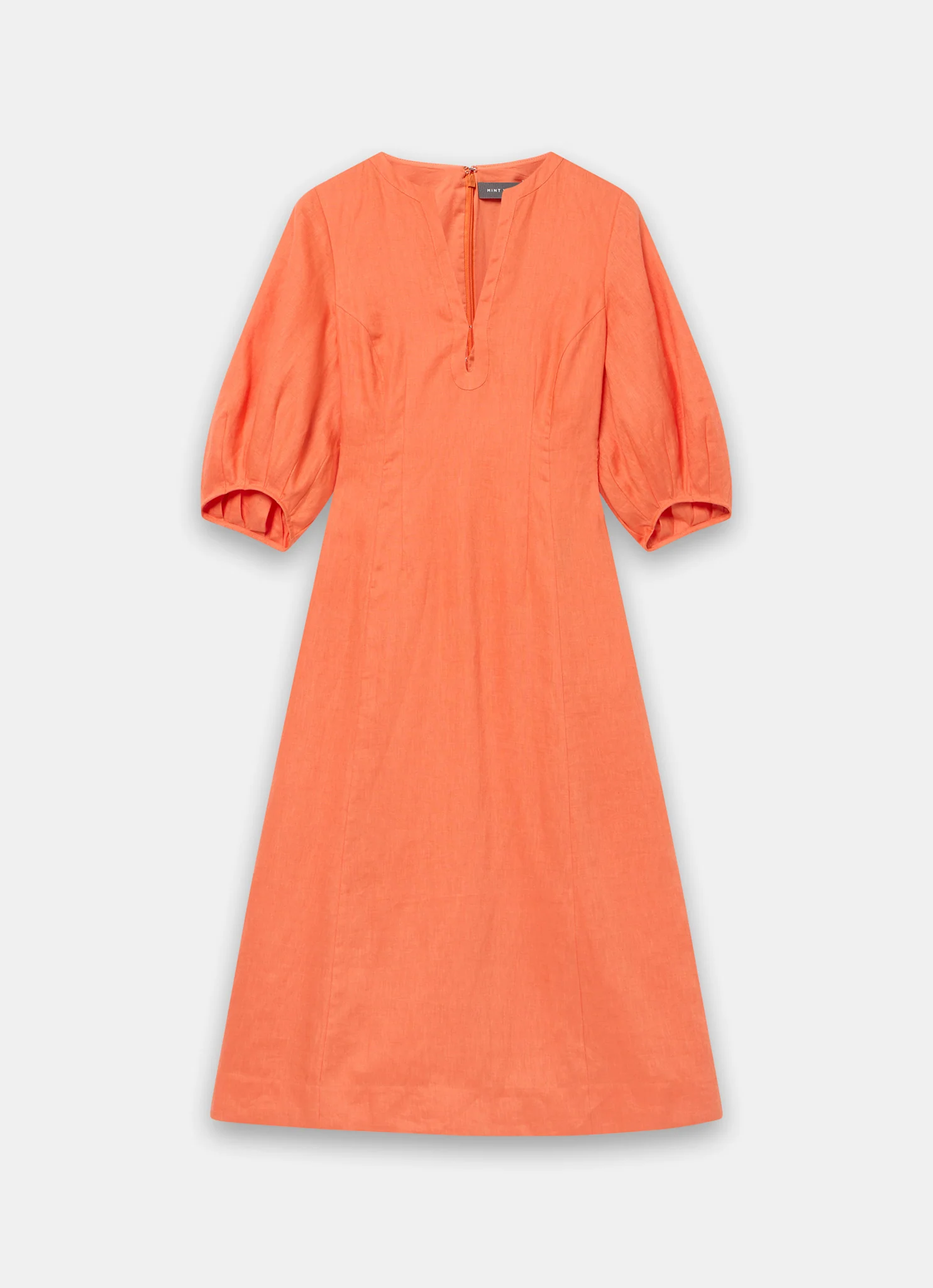 Orange Linen Puff Sleeve Midi Dress