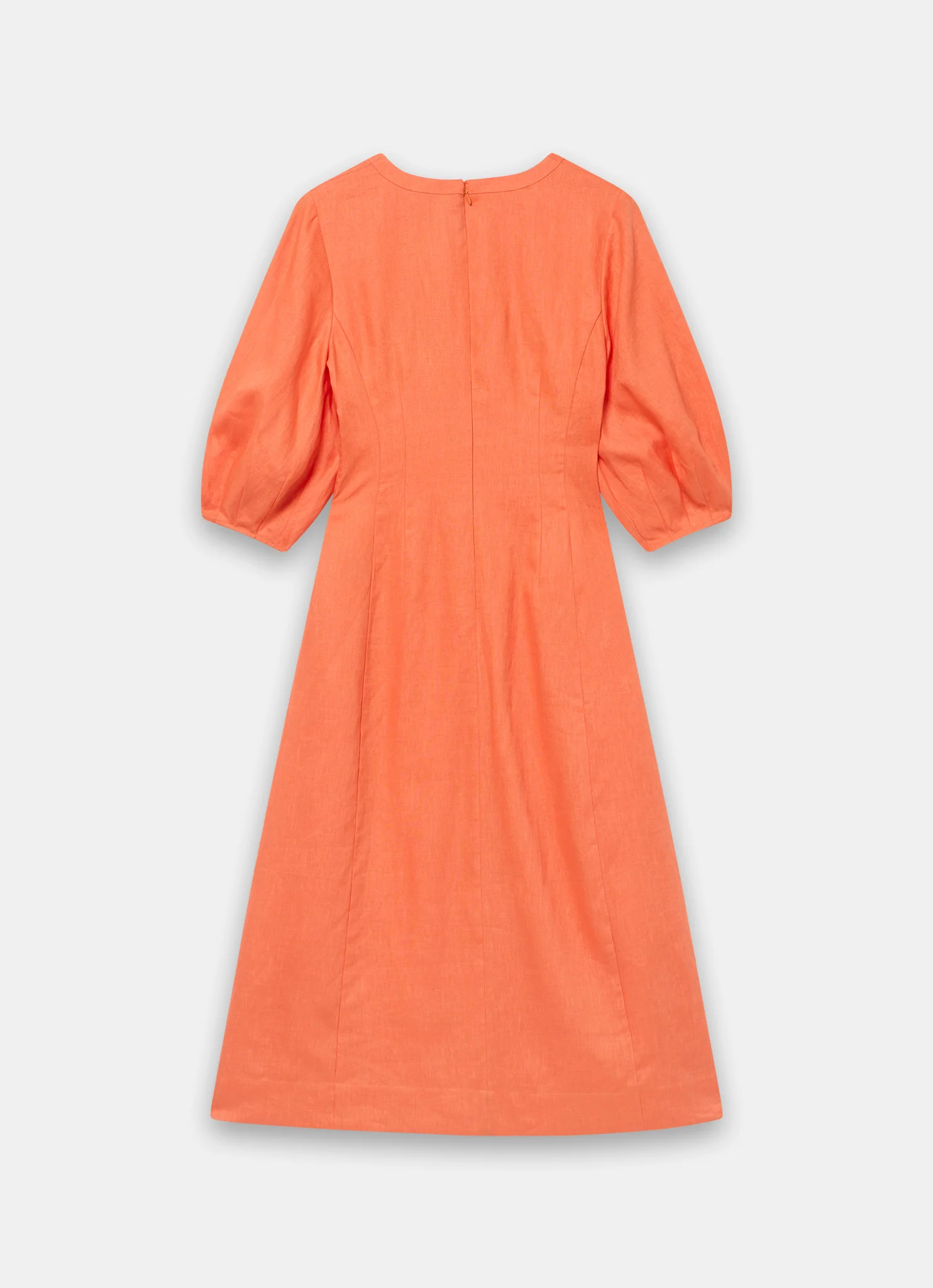 Orange Linen Puff Sleeve Midi Dress