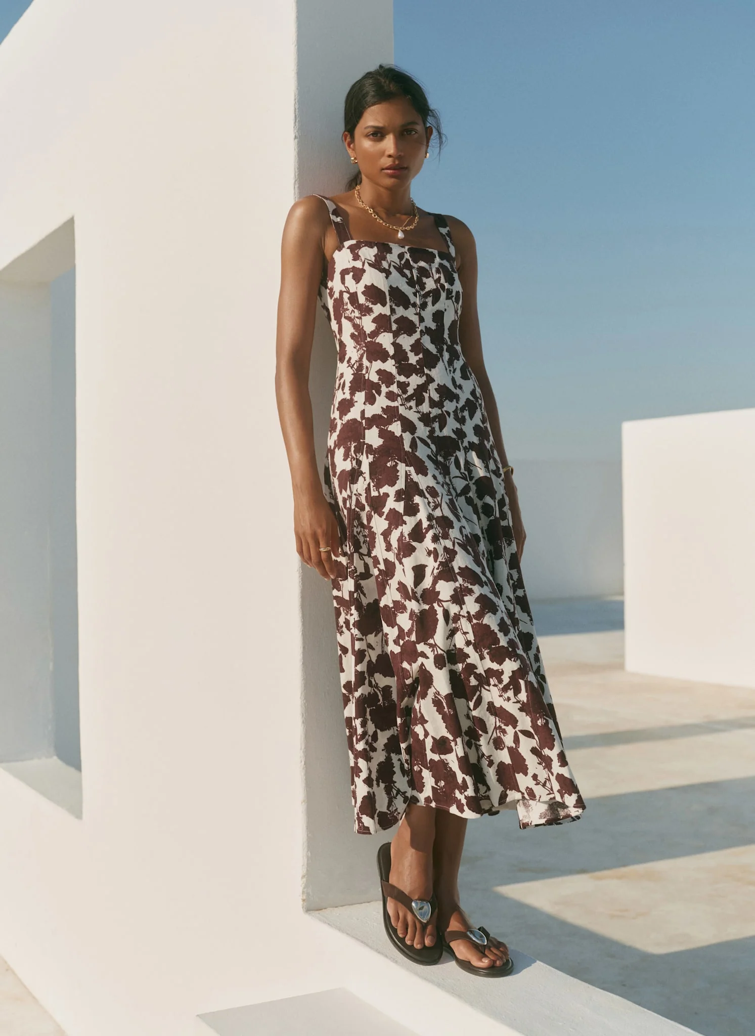 7272-brown-linen-blend-printed-midi-dress-1.webp Brown Linen Blend Printed Midi Dress