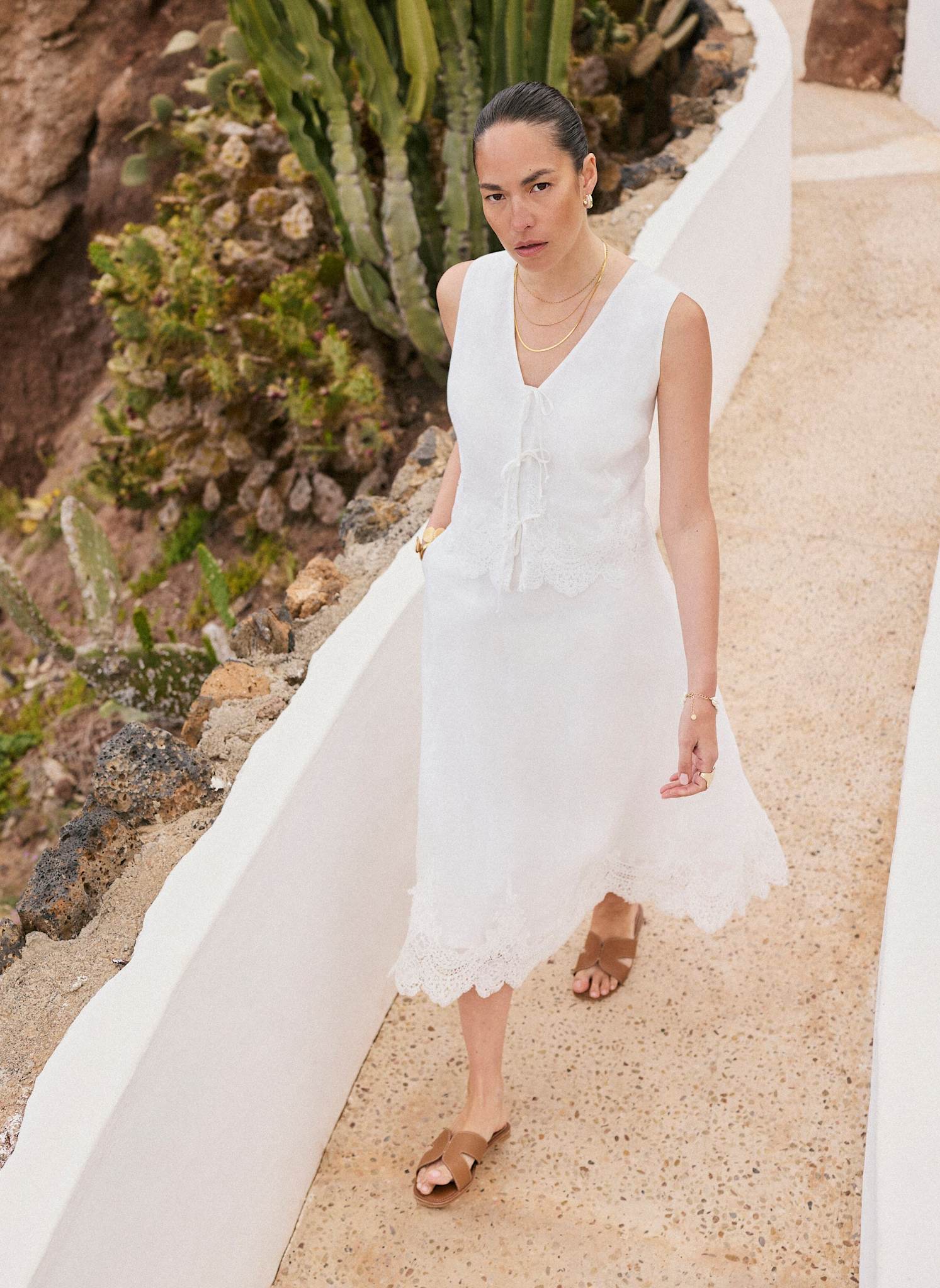 White Ramie Lace Detail Top
