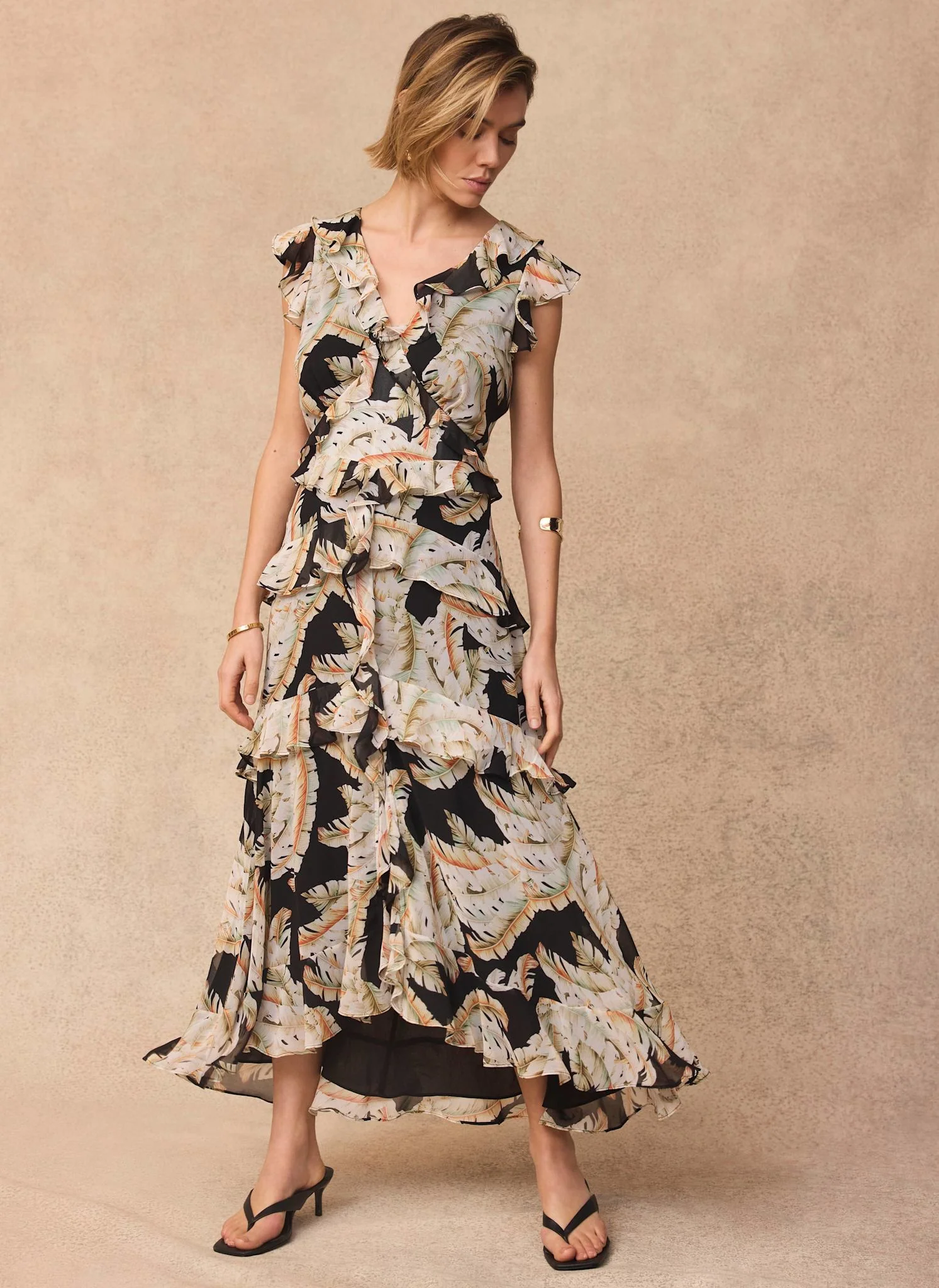 7280-black-palm-print-ruffle-midi-dress-2.webp Black Palm Print Ruffle Midi Dress