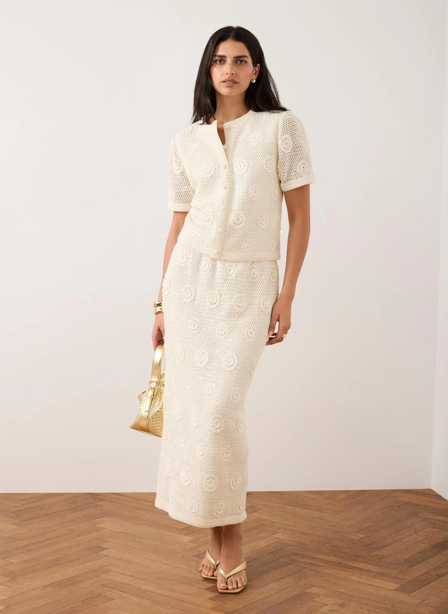 Neutral Sequin Floral Crochet Midi Skirt