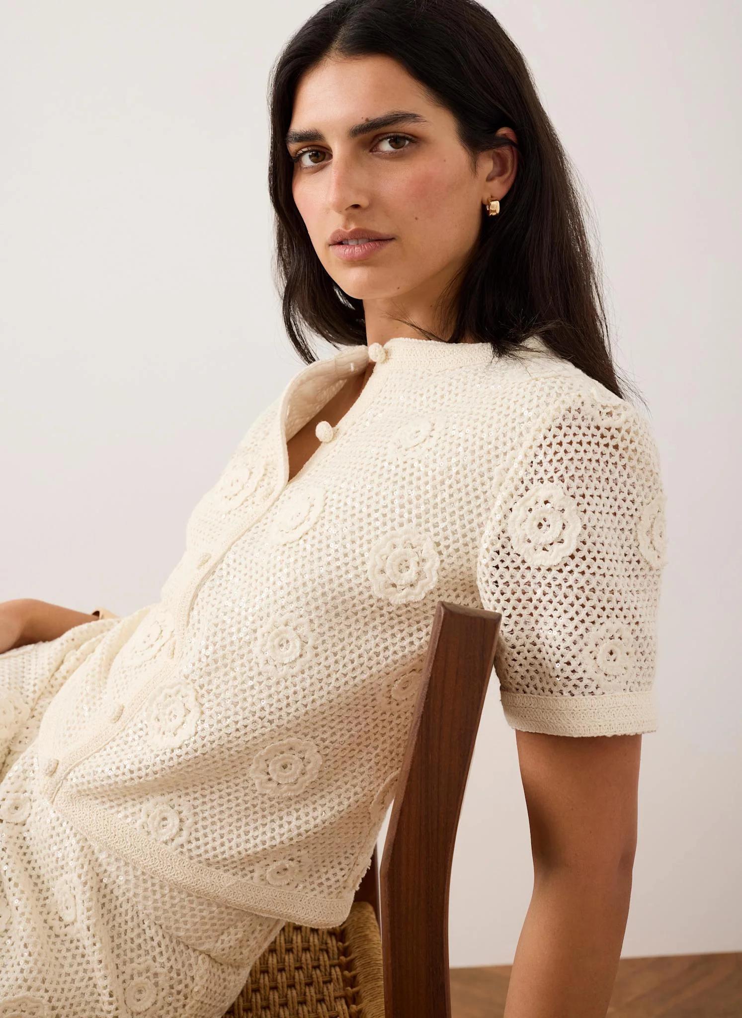 Neutral Cotton Sequin Floral Crochet Top
