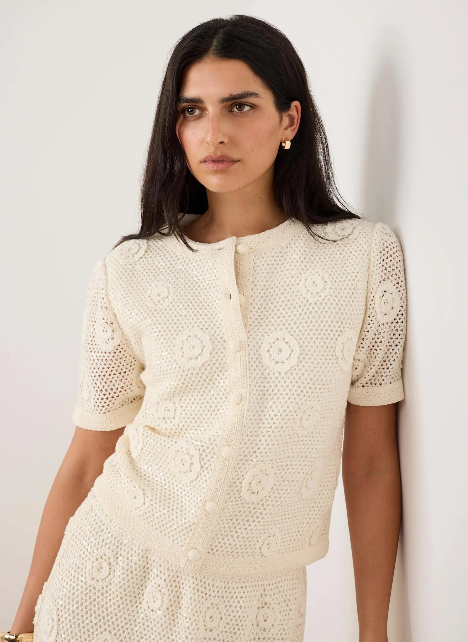 Neutral Cotton Sequin Floral Crochet Top