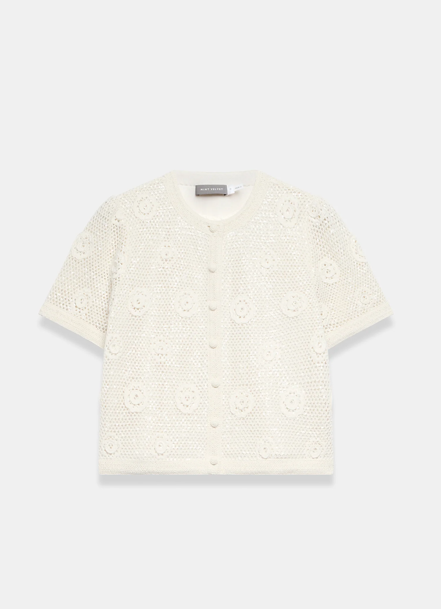 Neutral Cotton Sequin Floral Crochet Top