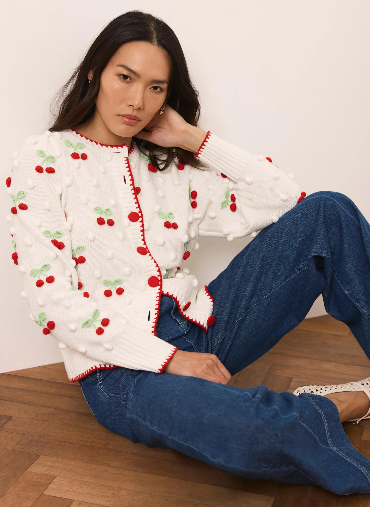 Cream Cherry Applique Knit Cardigan