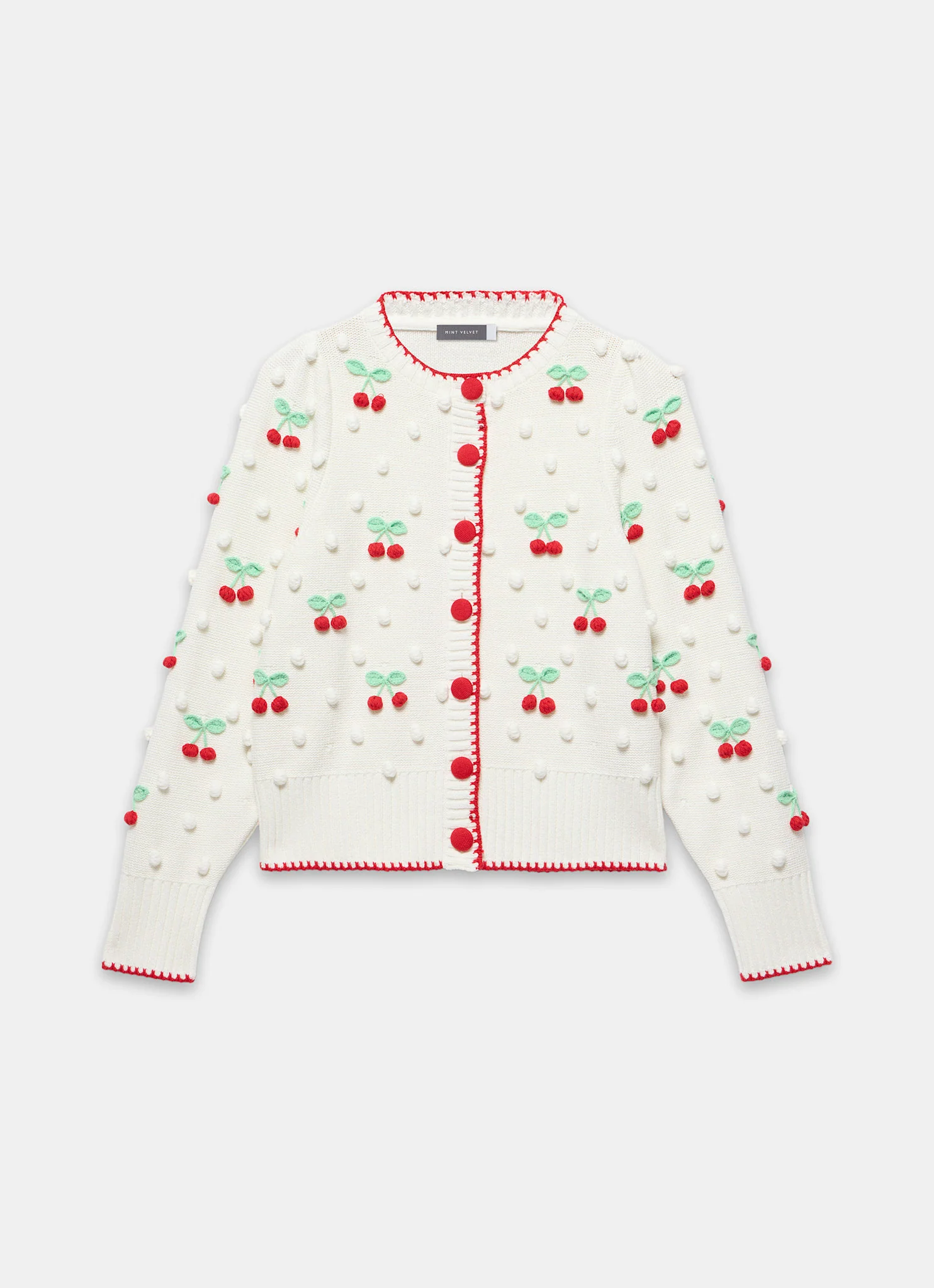 Cream Cherry Applique Knit Cardigan