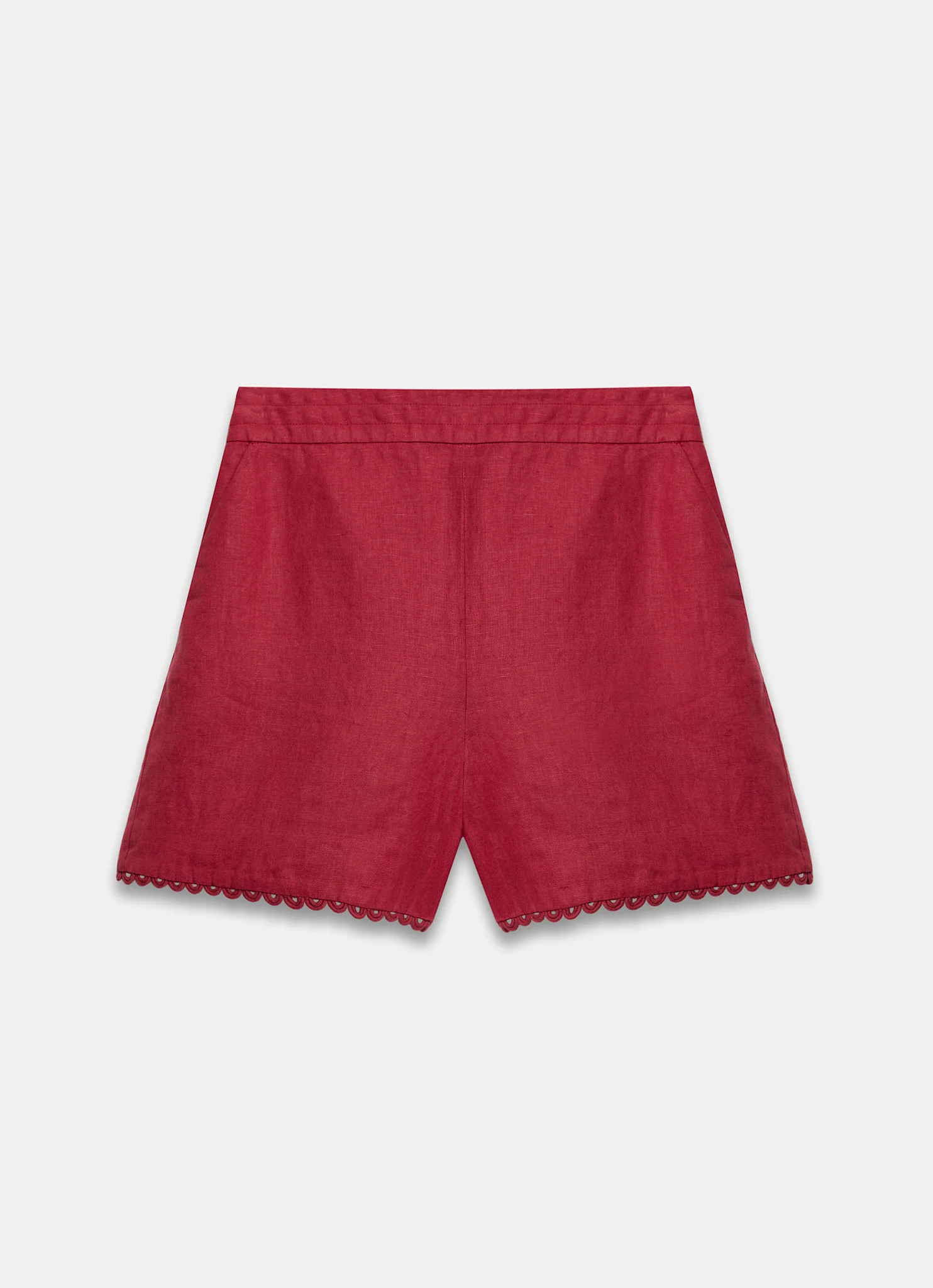Red Linen Scallop Hem Shorts