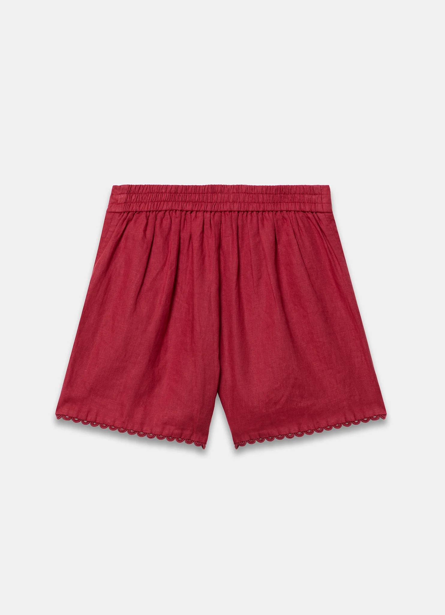 Red Linen Scallop Hem Shorts