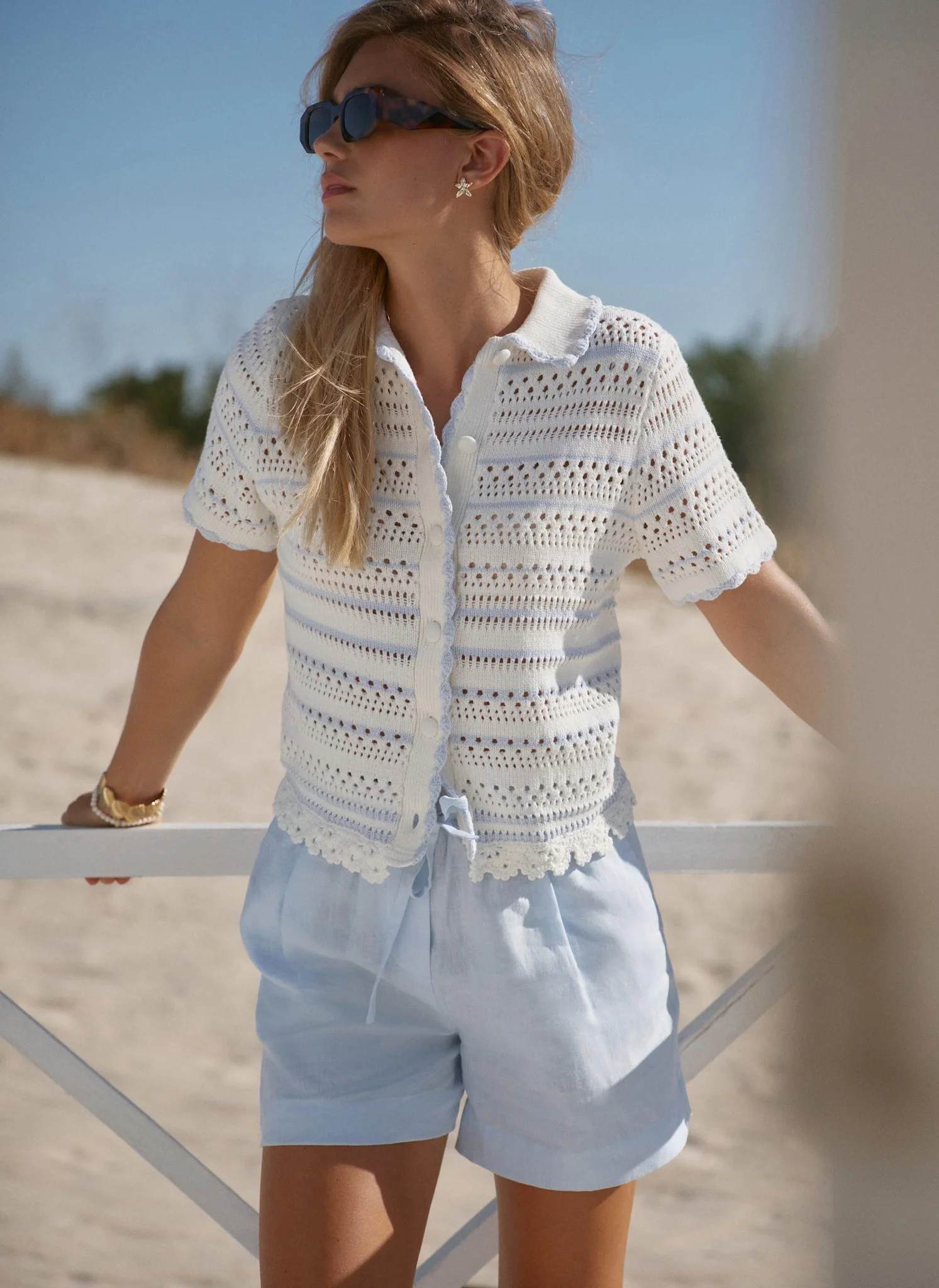 Cream Cotton Blend Stripe Crochet Top