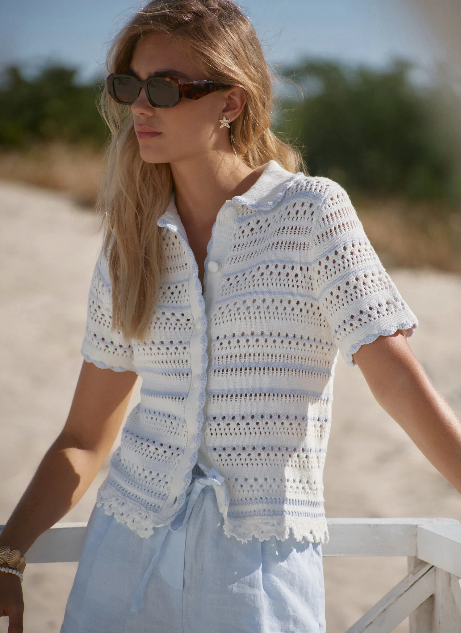 Cream Cotton Blend Stripe Crochet Top