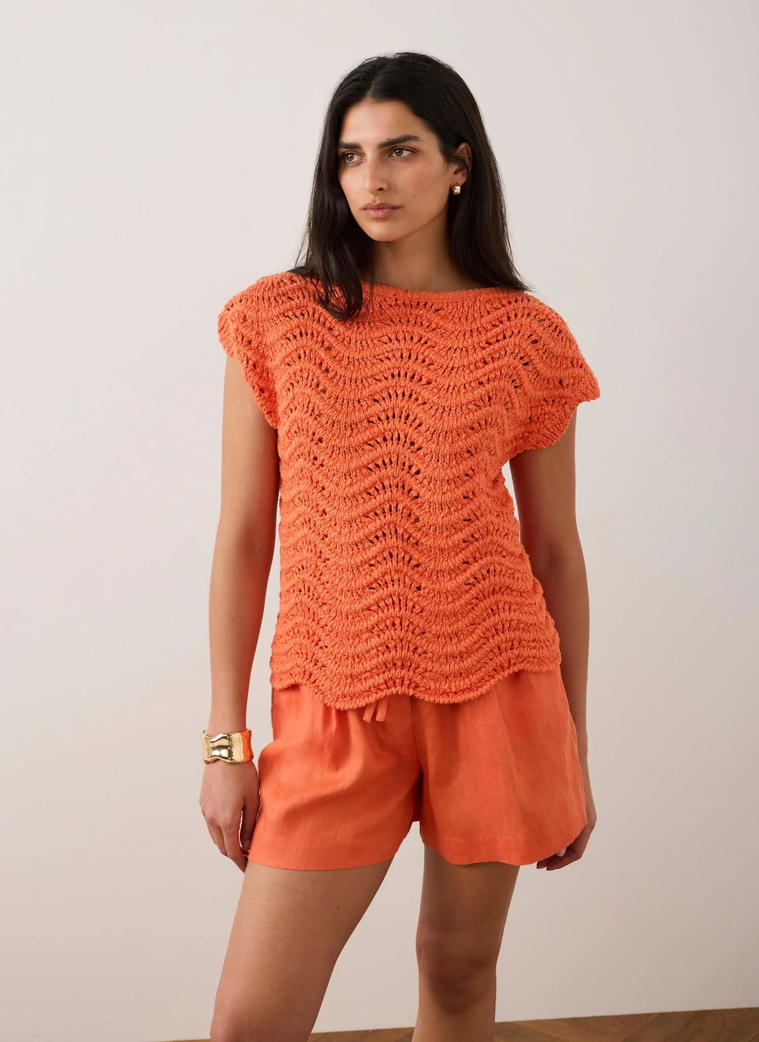 Orange Embellished Crochet Knit Top