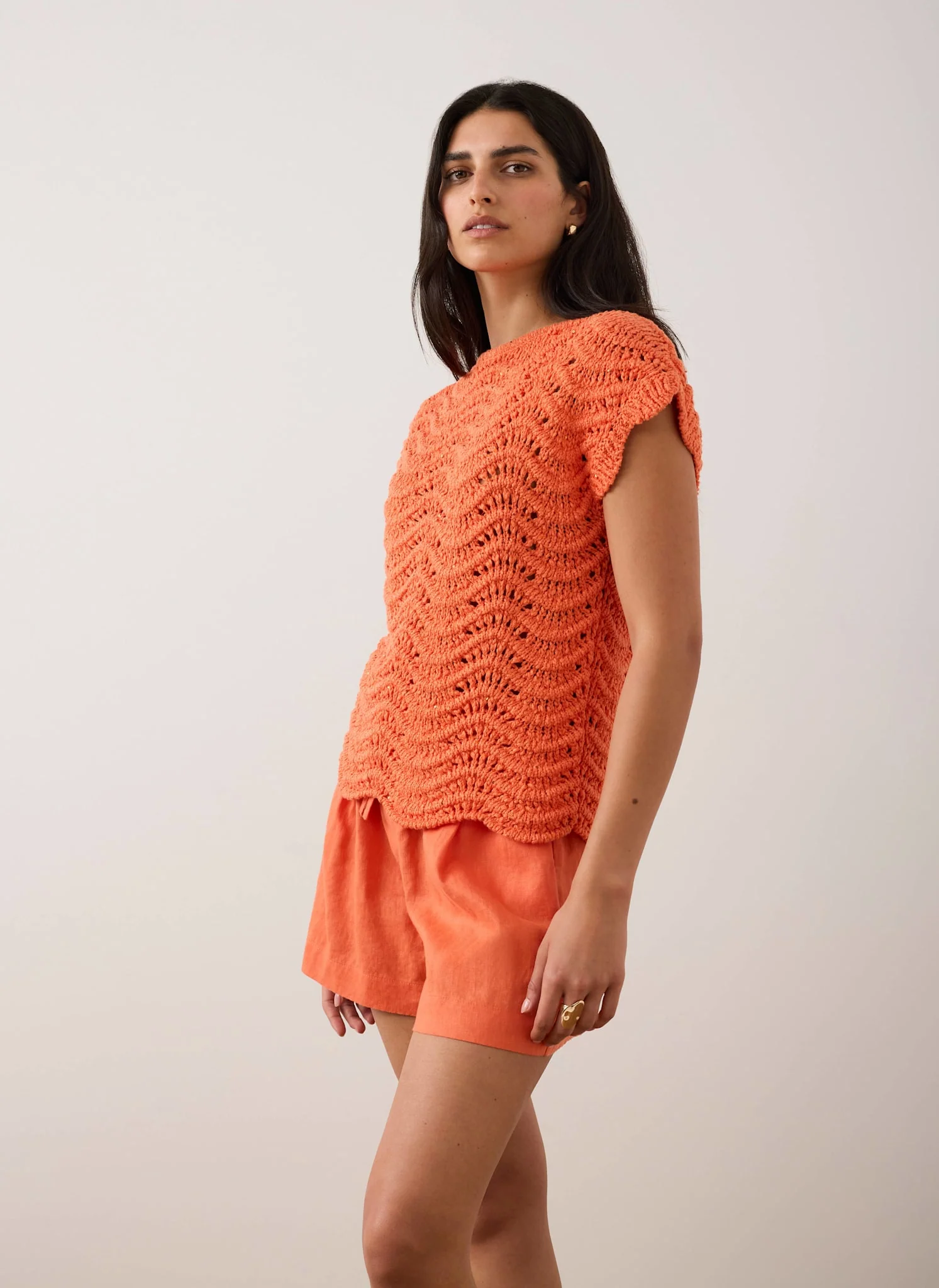 Orange Embellished Crochet Knit Top