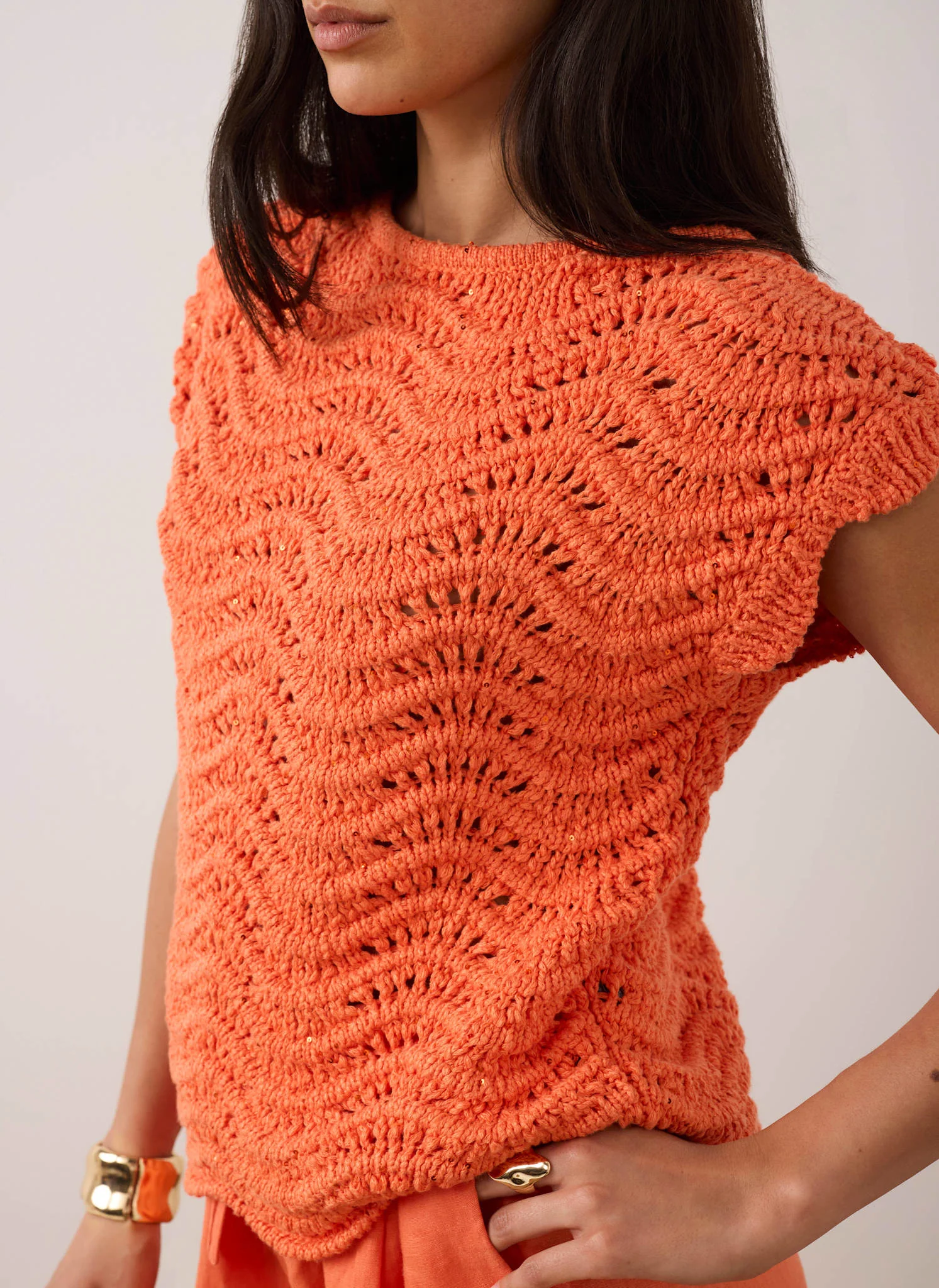 Orange Embellished Crochet Knit Top