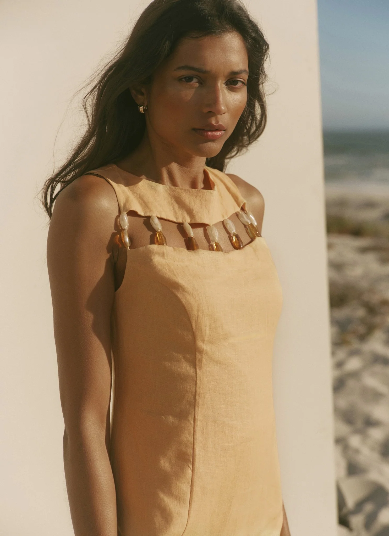 Yellow Linen Beaded Mini Dress