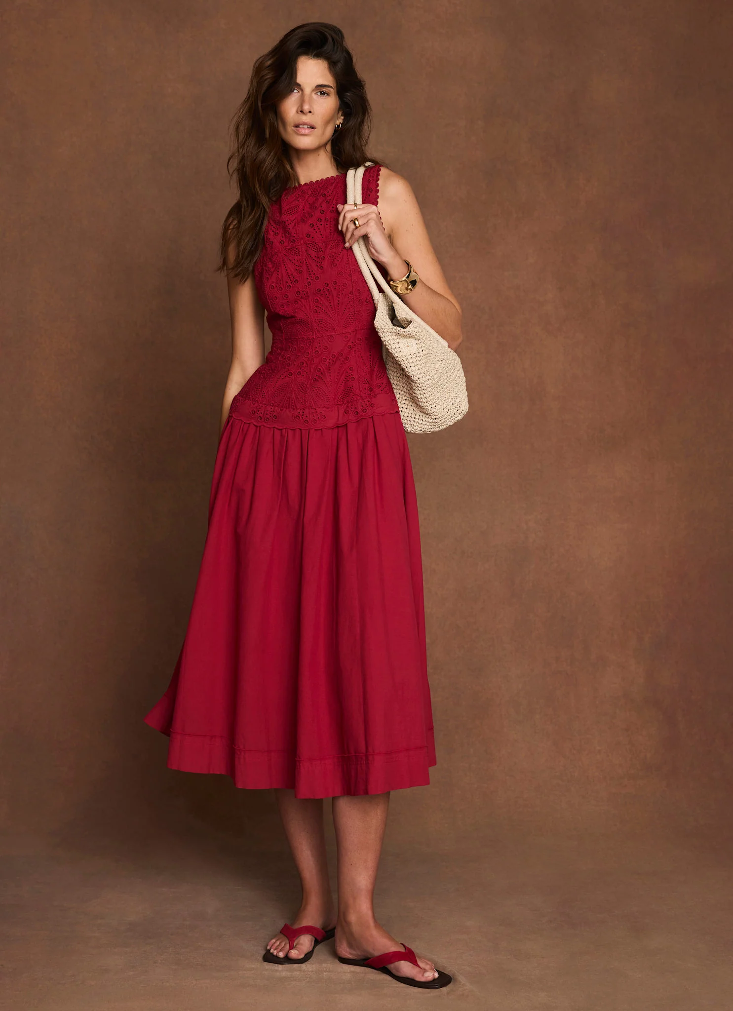 7776-red-cotton-broderie-drop-waist-midi-dress-1.webp Red Cotton Broderie Drop Waist Midi Dress