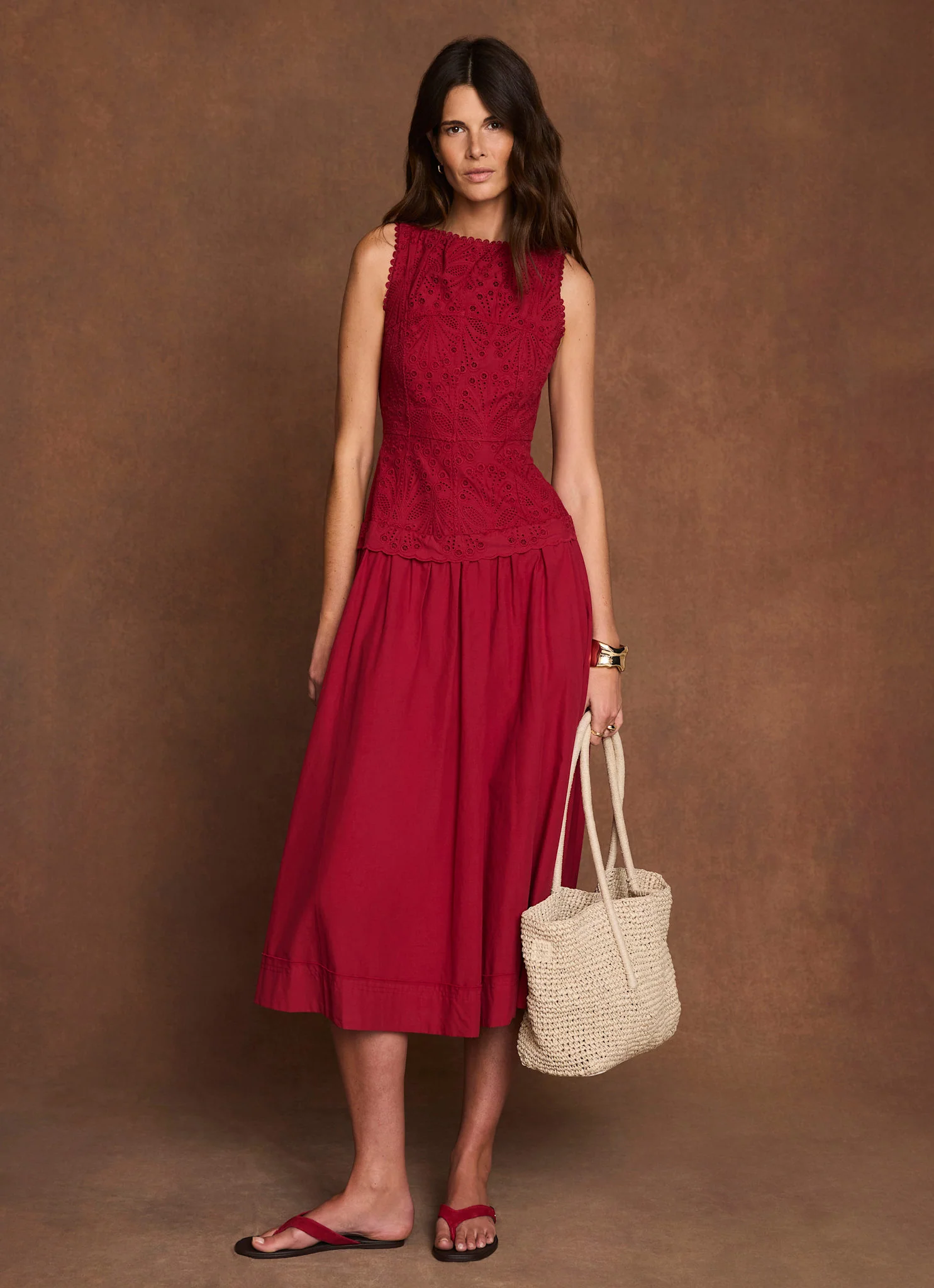 7776-red-cotton-broderie-drop-waist-midi-dress-3.webp Red Cotton Broderie Drop Waist Midi Dress
