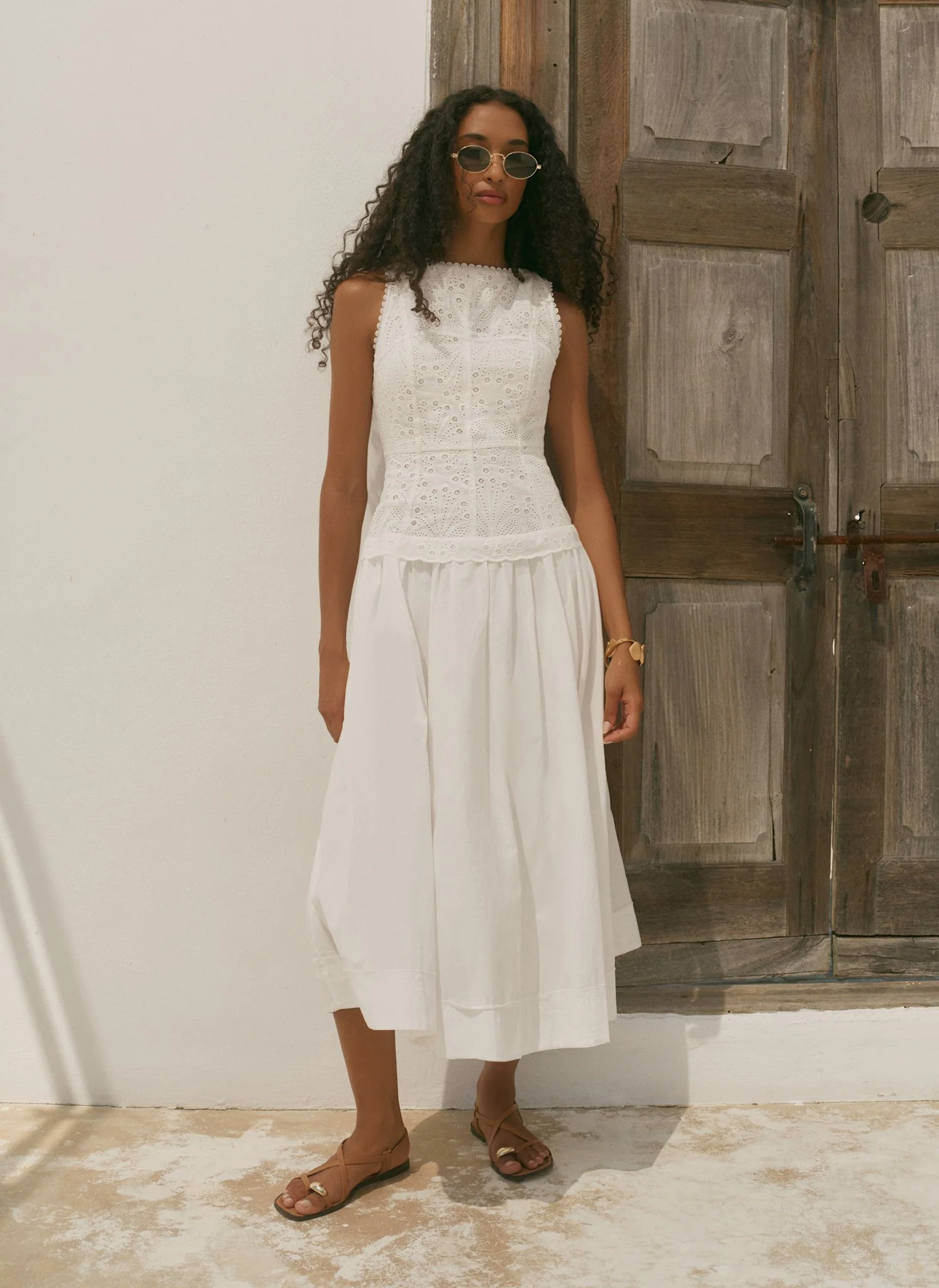 7784-white-cotton-broderie-drop-waist-midi-dress-2.webp White Cotton Broderie Drop Waist Midi Dress
